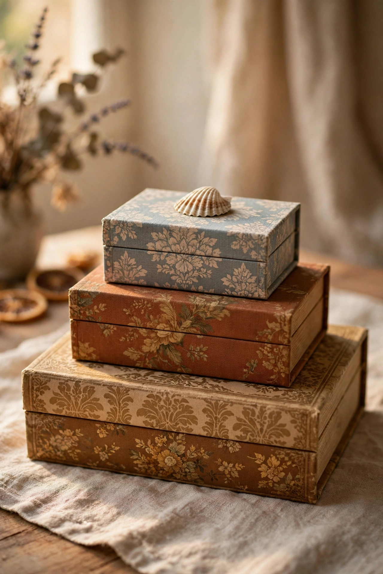Stack of decorative book boxes with a small object on top