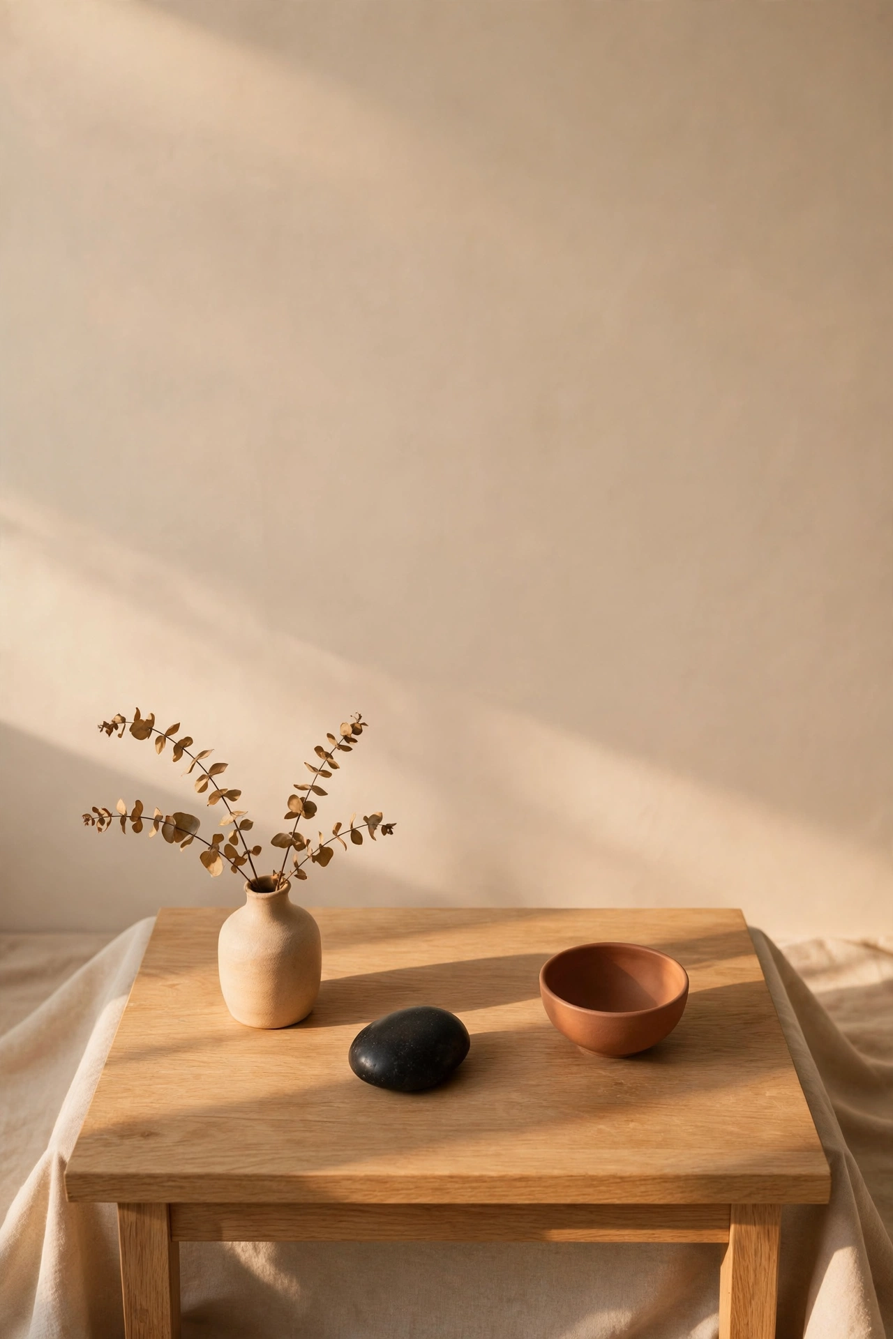 Coffee table with only three curated objects and generous negative space