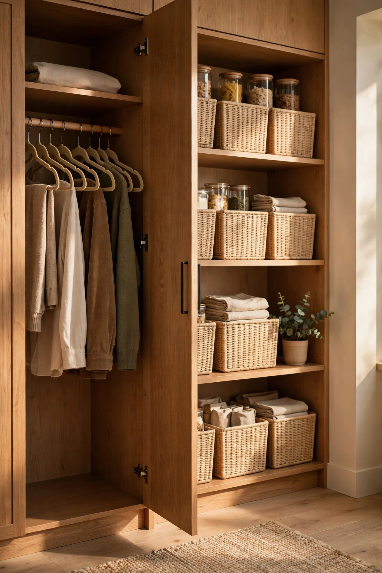 Wardrobe with matching slim hangers and pantry with uniform bins
