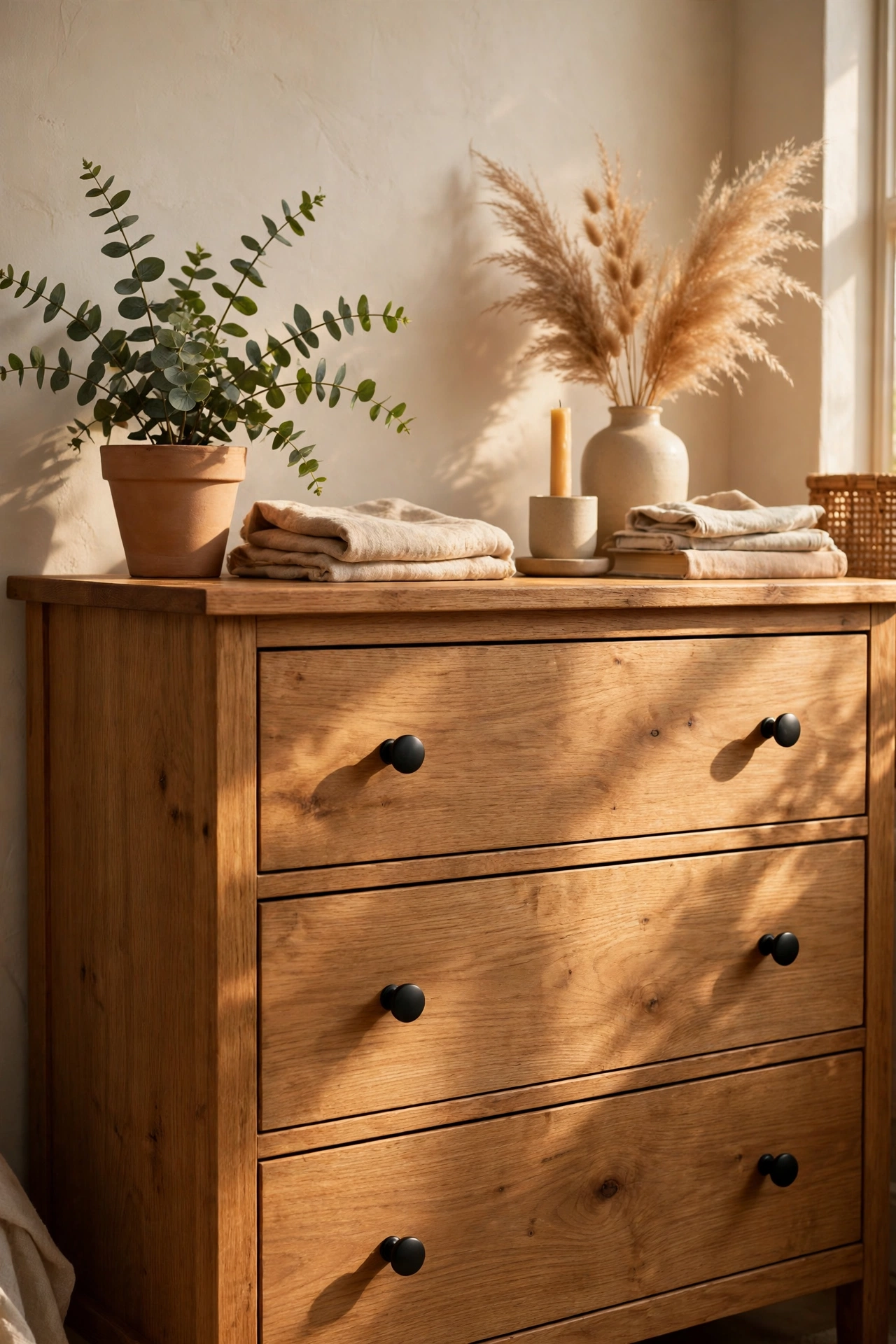 Dresser with new matte black knobs after a hardware swap