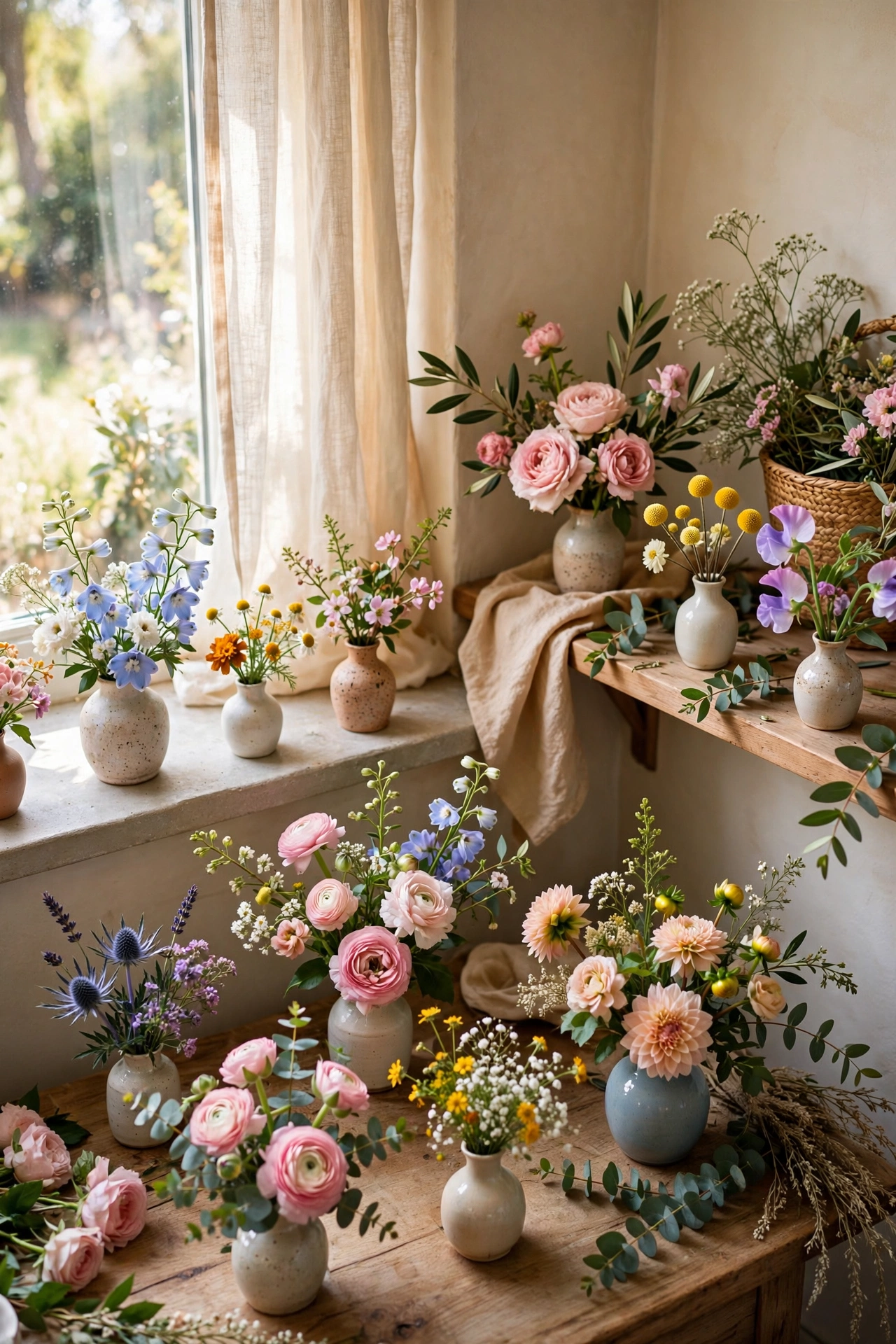Market flowers split across small bud vases around a home