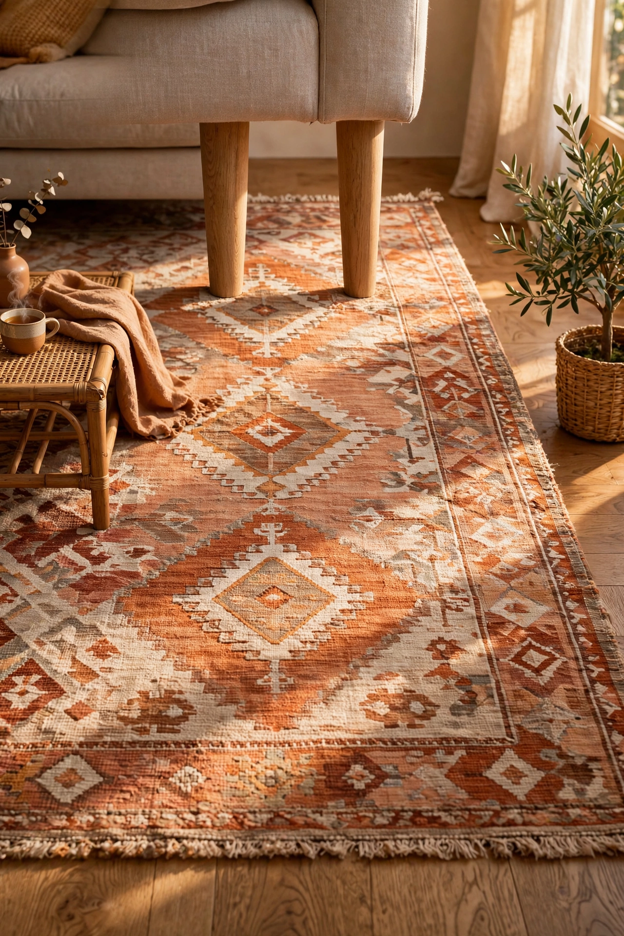 Large rug with furniture front legs on it in a living room