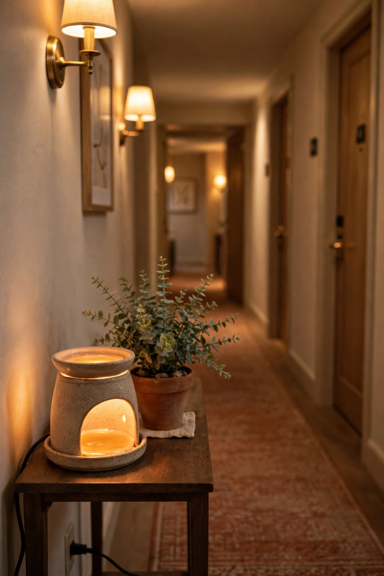 Wax melt warmer with one signature scent in a hallway