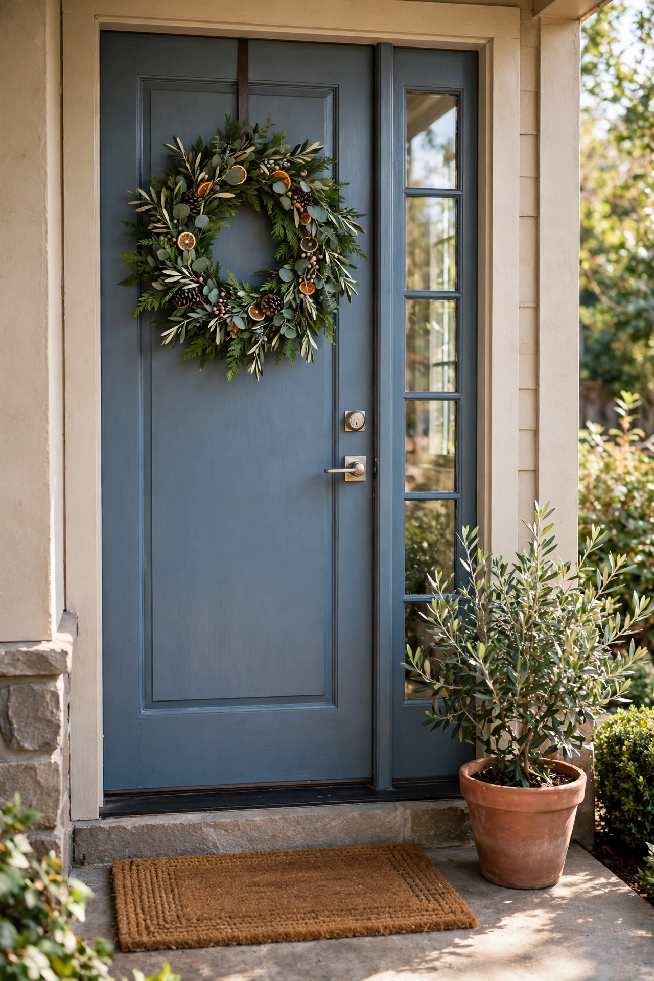 Front door with fresh wreath, clean doormat and potted plant