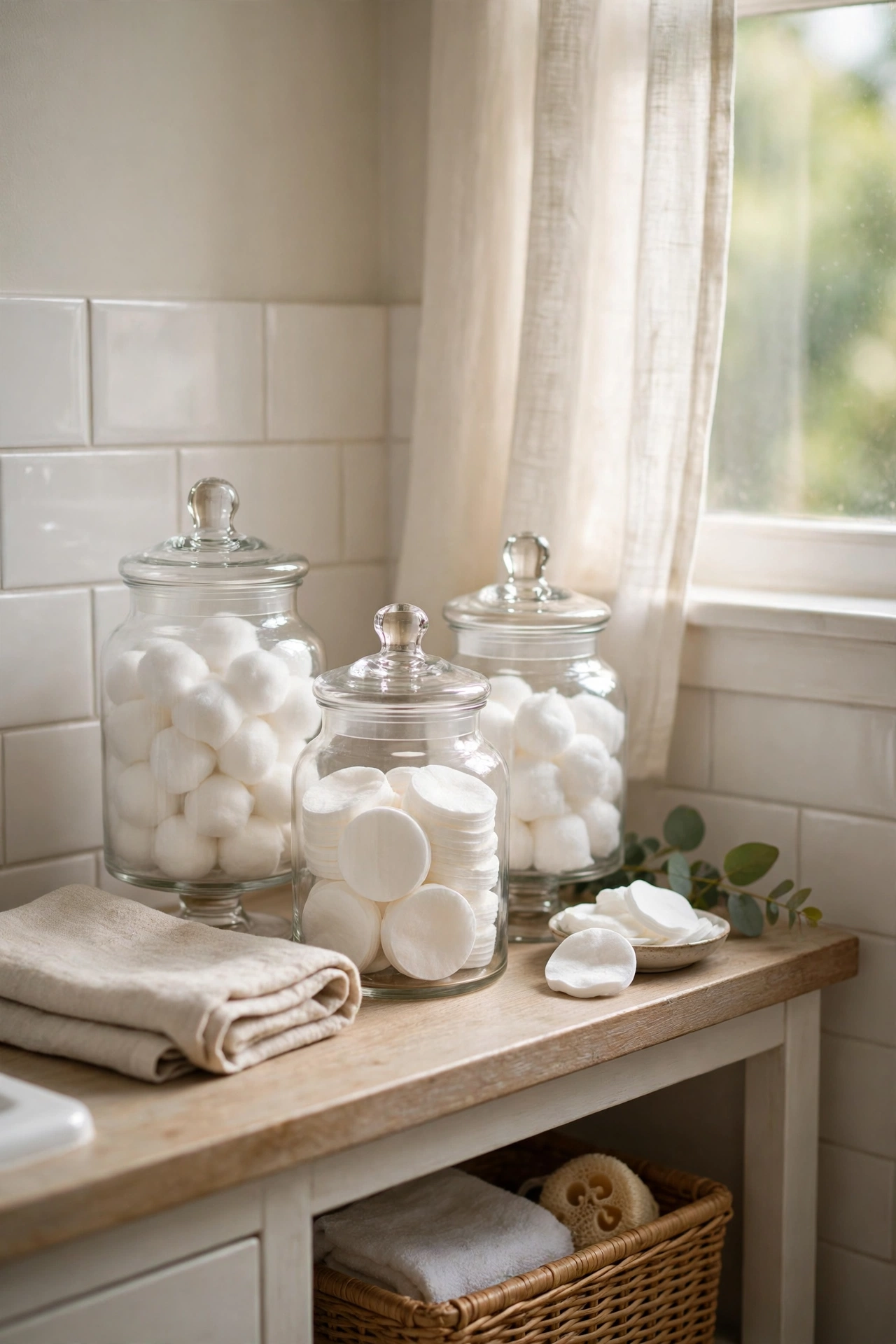 Dollar store glass apothecary jars holding cotton balls on a bathroom counter