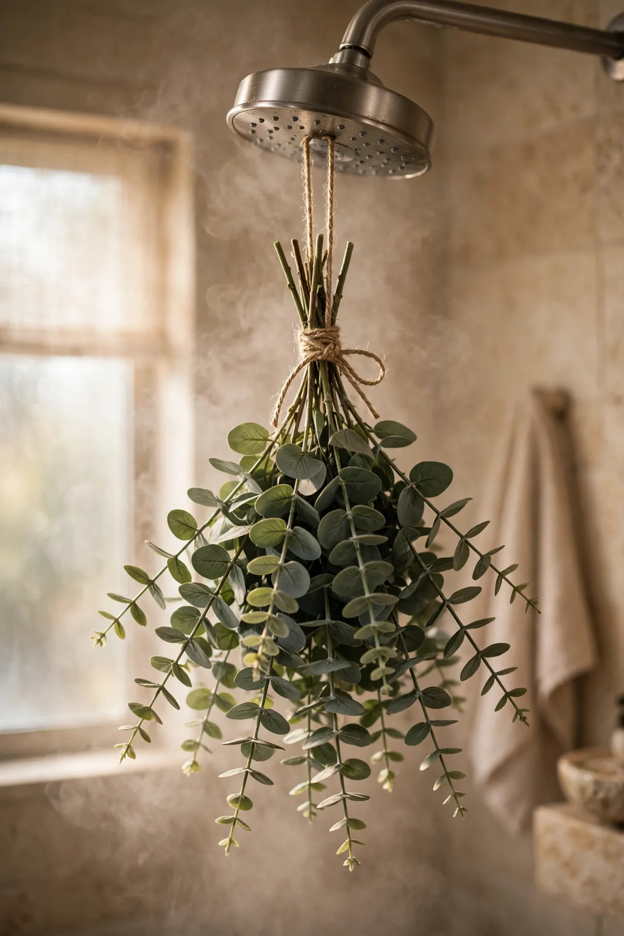 Faux eucalyptus bundle tied with twine hanging from a shower head
