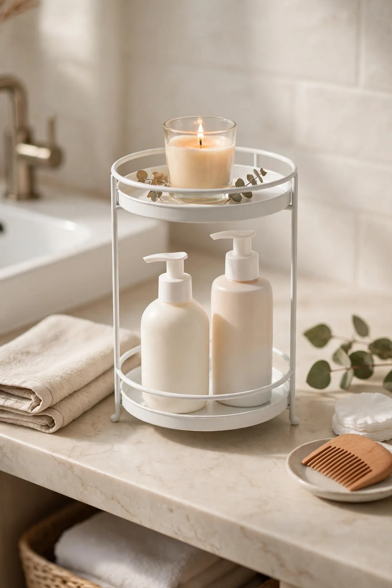 Two-tiered tray organising bathroom bottles on a sink counter