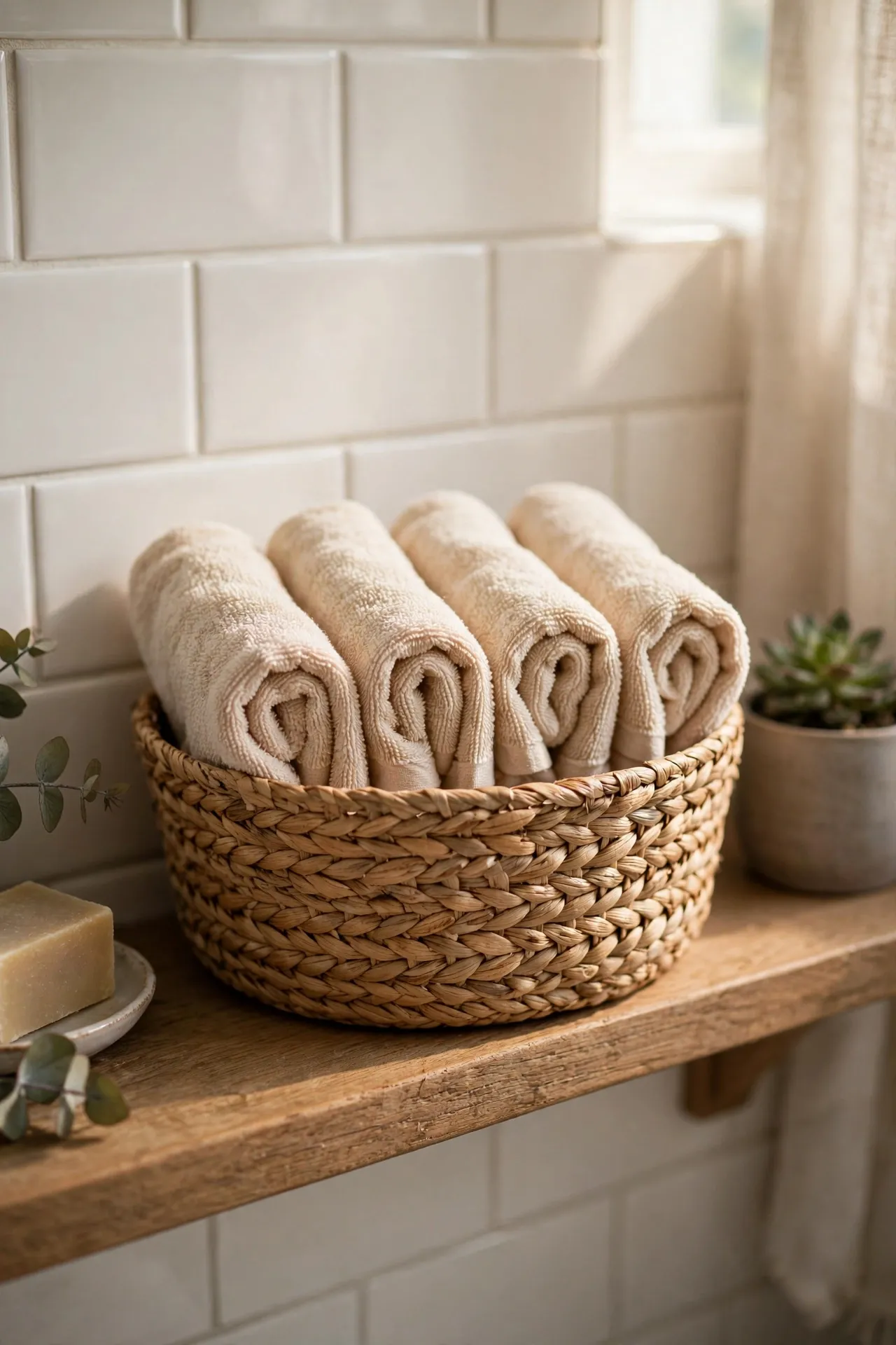 Woven basket filled with rolled hand towels in a bathroom