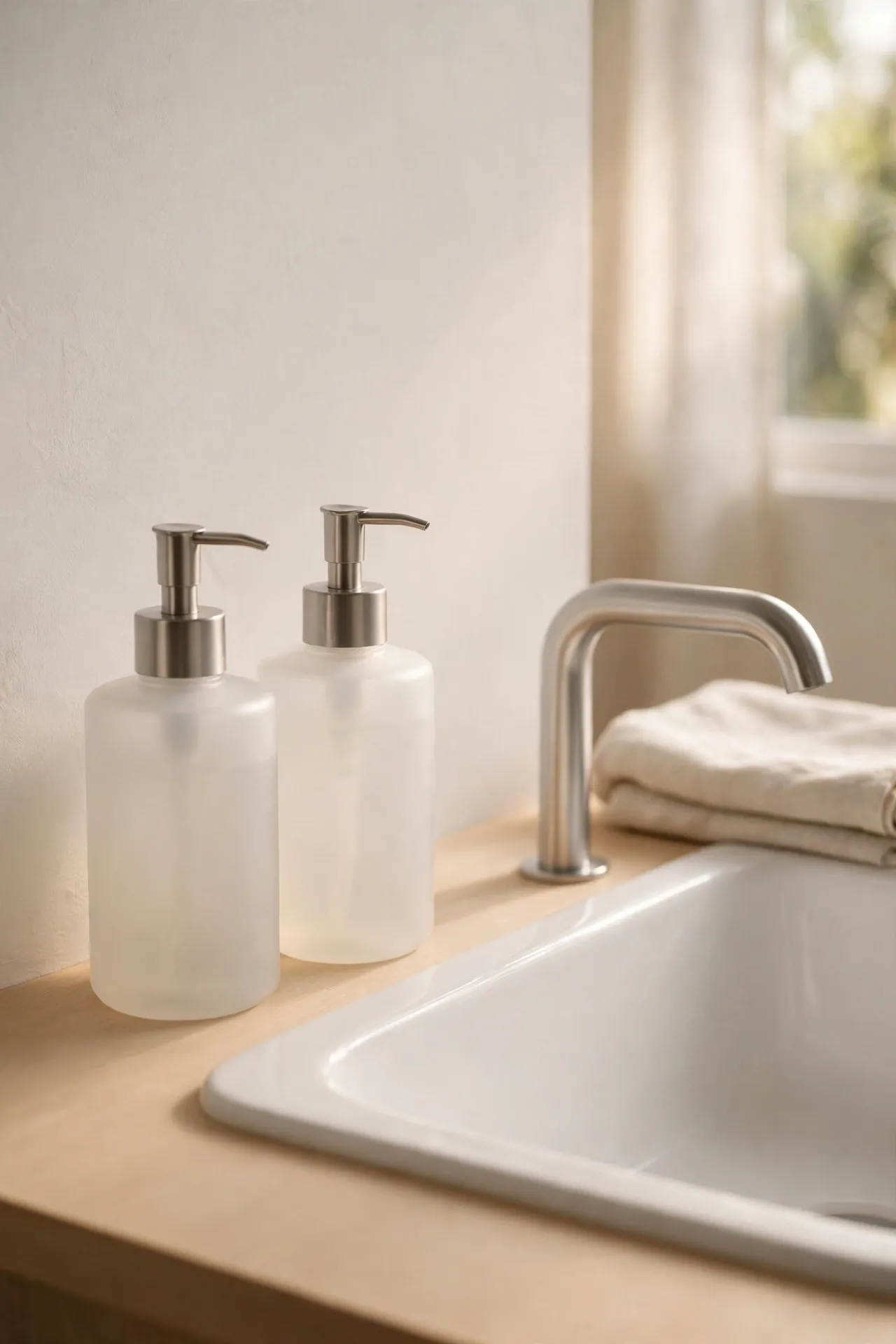 Matching frosted glass soap dispensers beside a bathroom sink