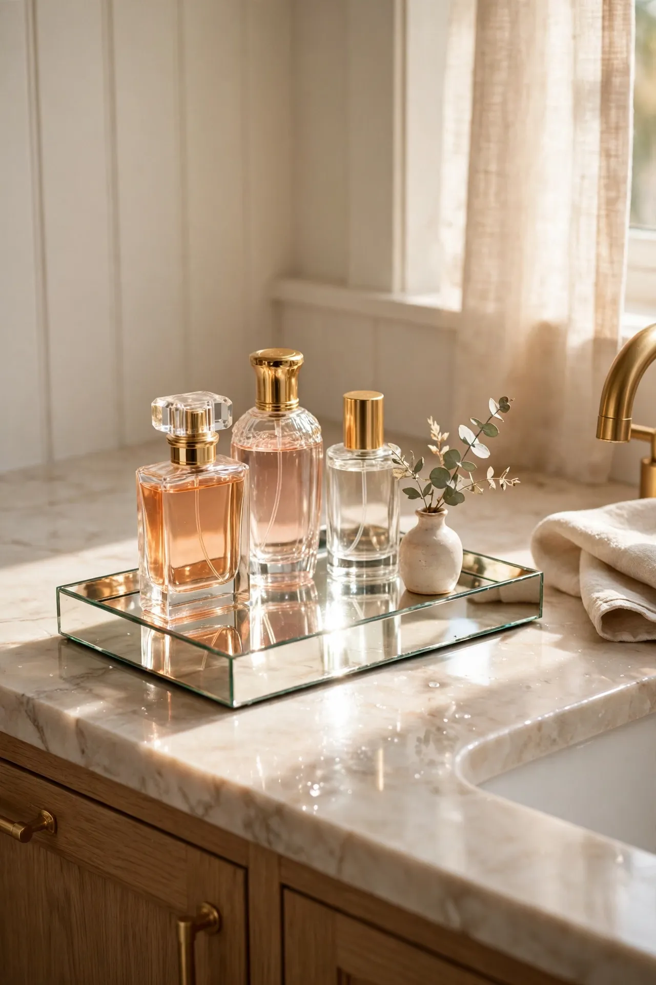 Small mirrored tray styling perfume bottles on a bathroom vanity