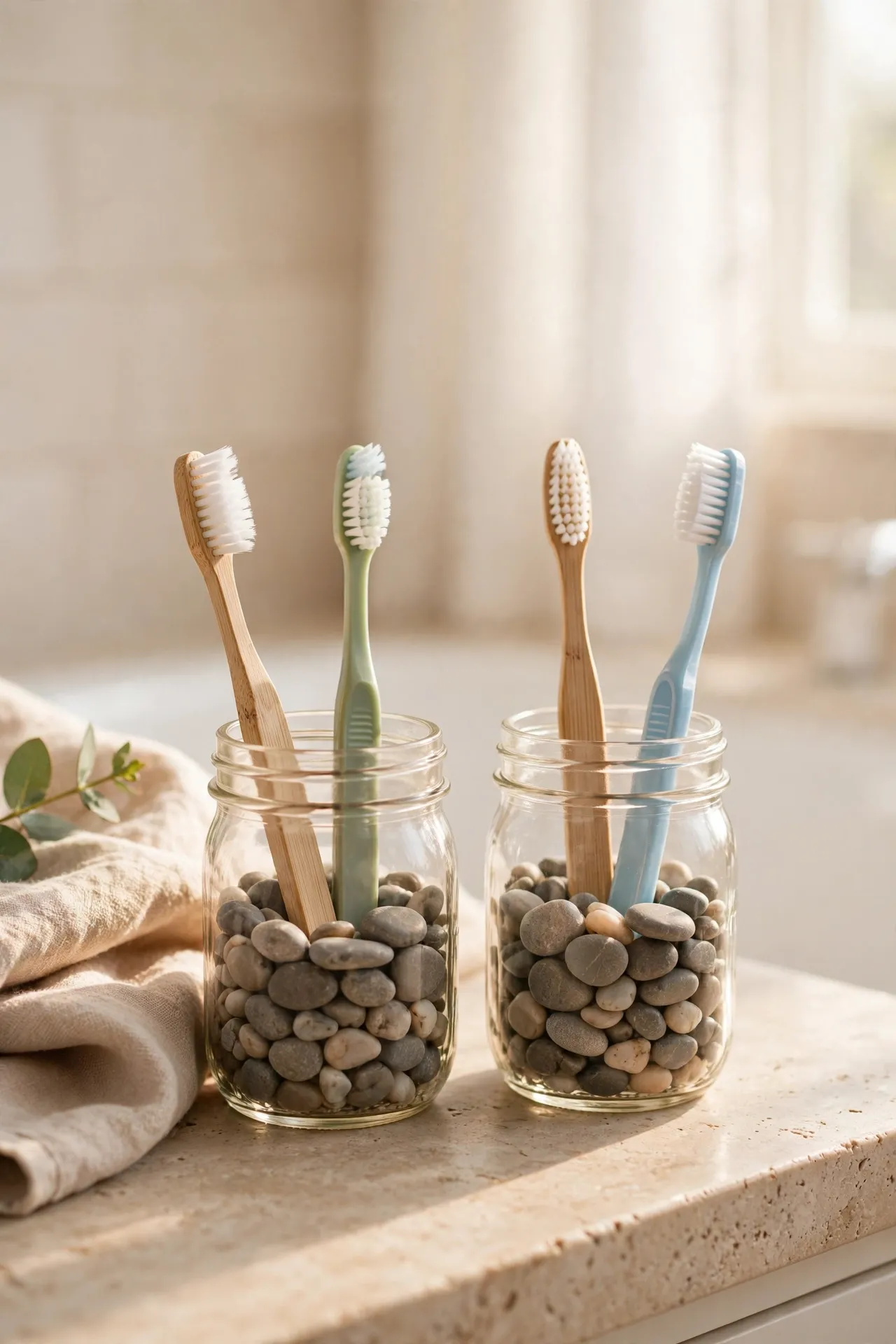 Mason jars with pebbles holding toothbrushes on a bathroom counter