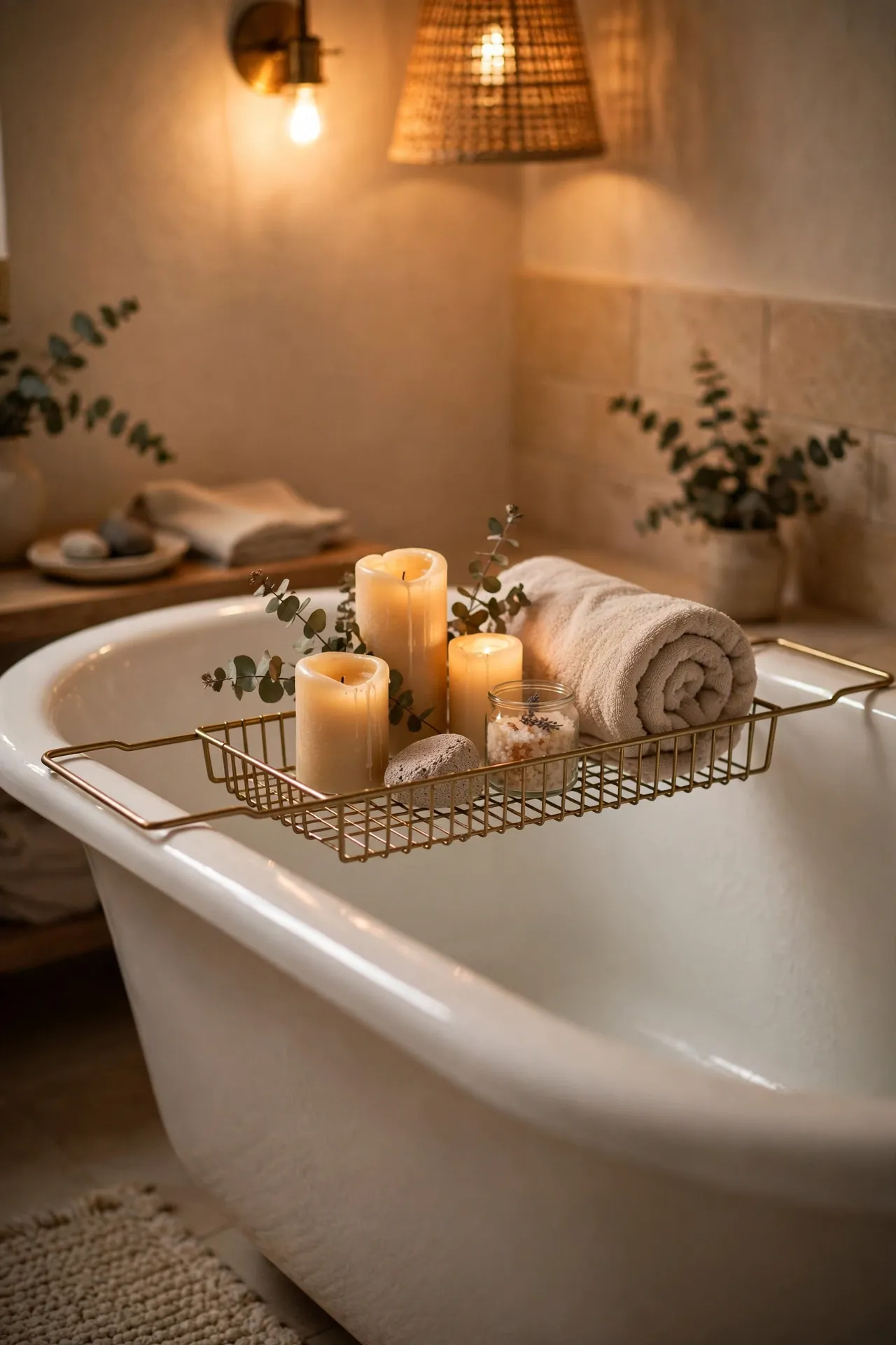 Wire bath caddy across a bathtub holding candles and a book
