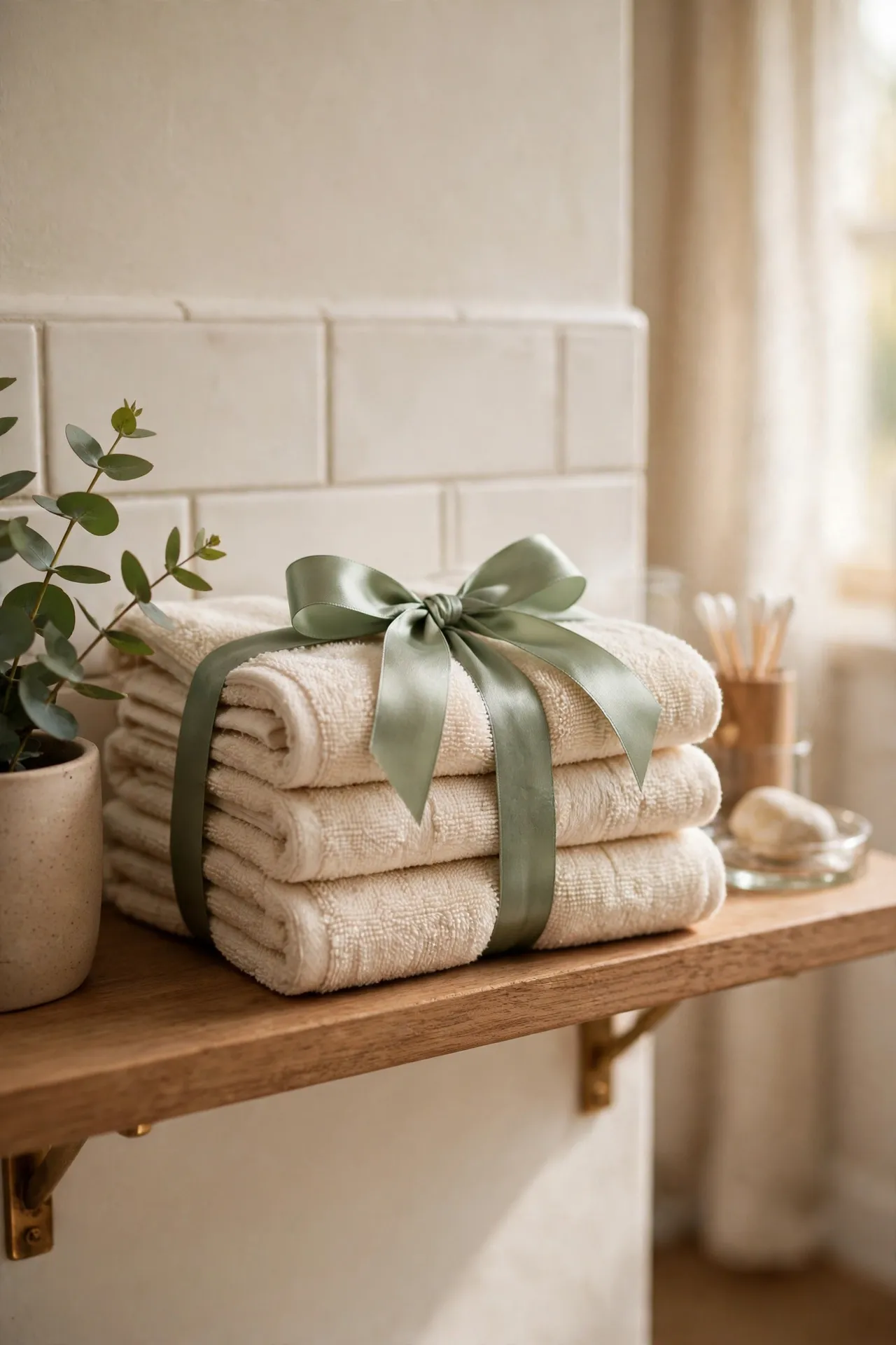 Stack of folded hand towels tied with satin ribbon on a shelf
