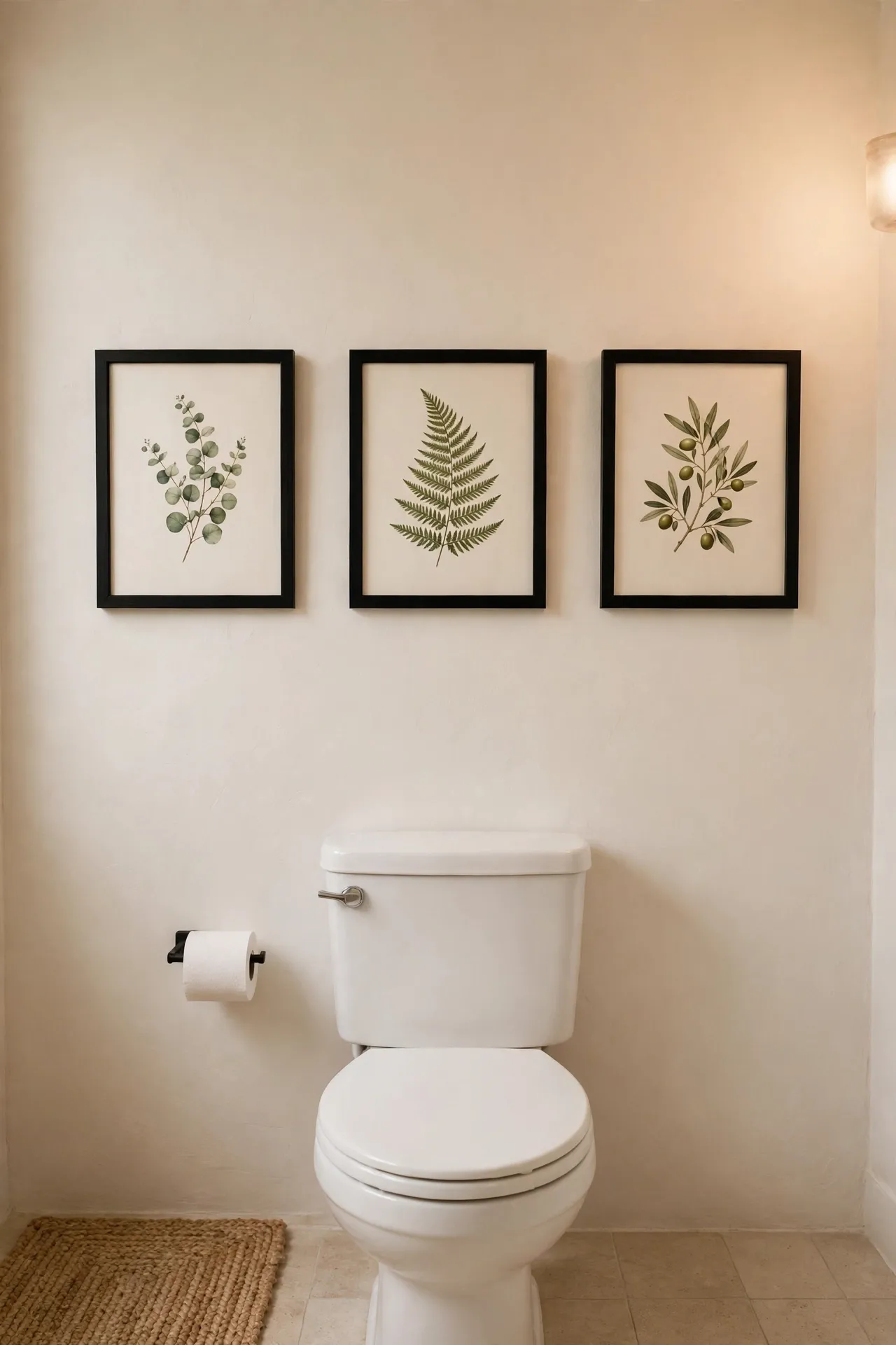 Three black framed botanical prints hanging above a toilet