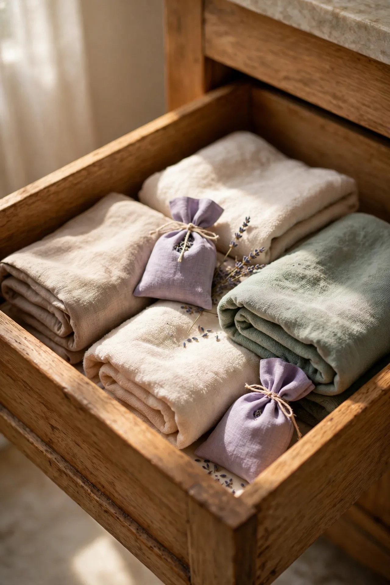 Lavender scented sachets tucked into a bathroom drawer with towels