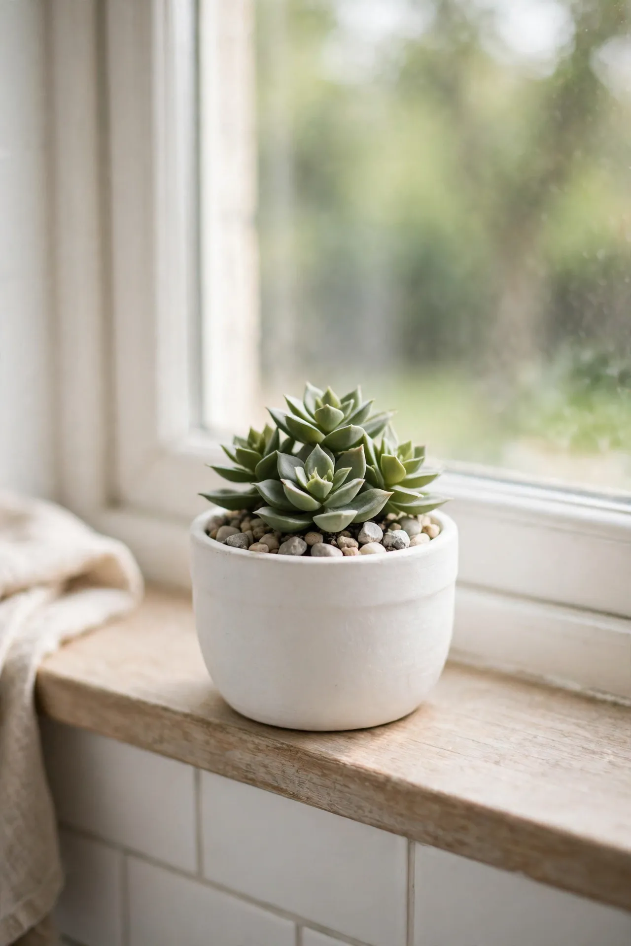 Tiny faux succulent in a white pot on a bathroom windowsill