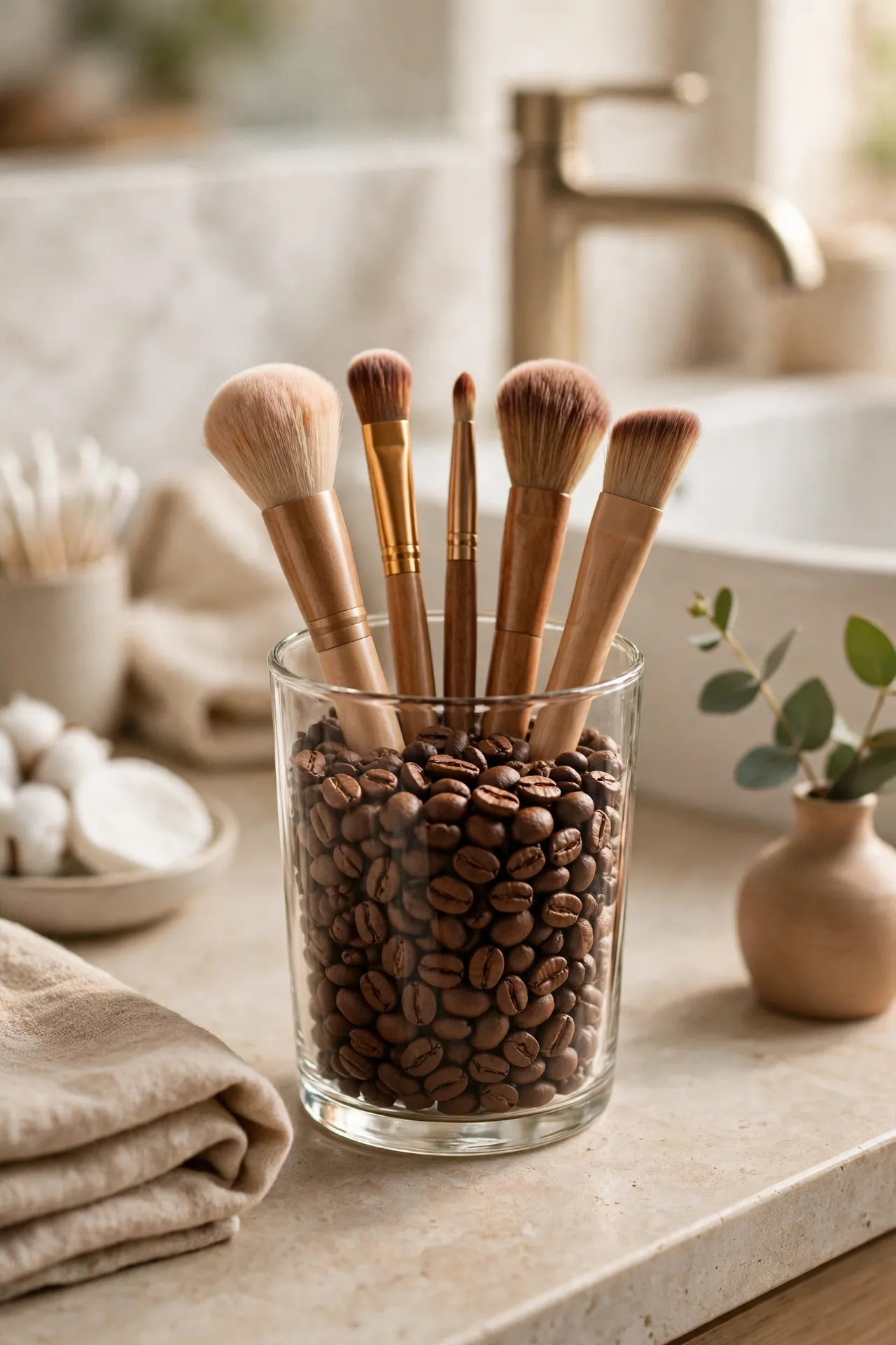 Tumbler filled with coffee beans holding makeup brushes on a counter