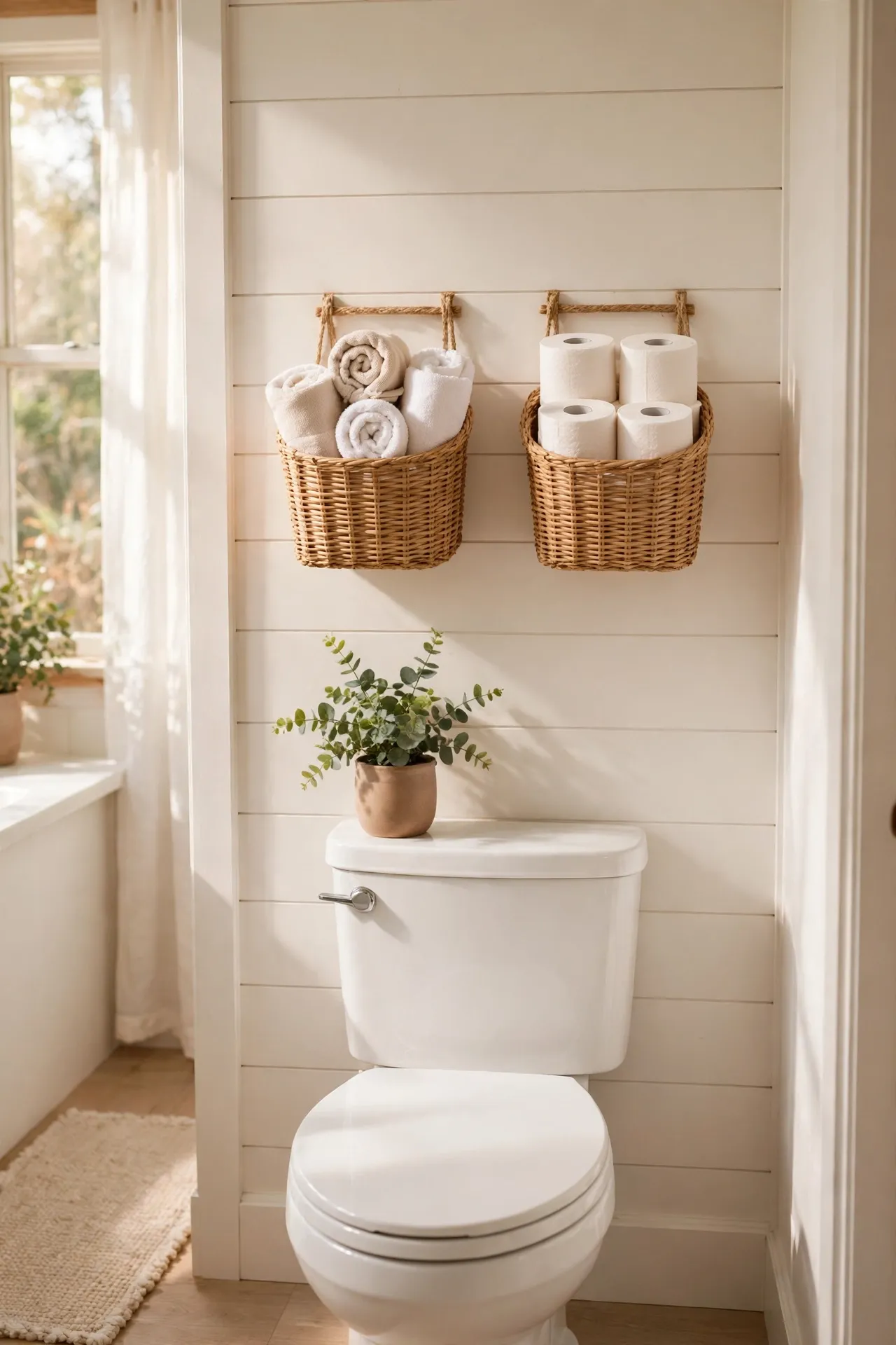 Two woven baskets mounted above a toilet holding rolled towels