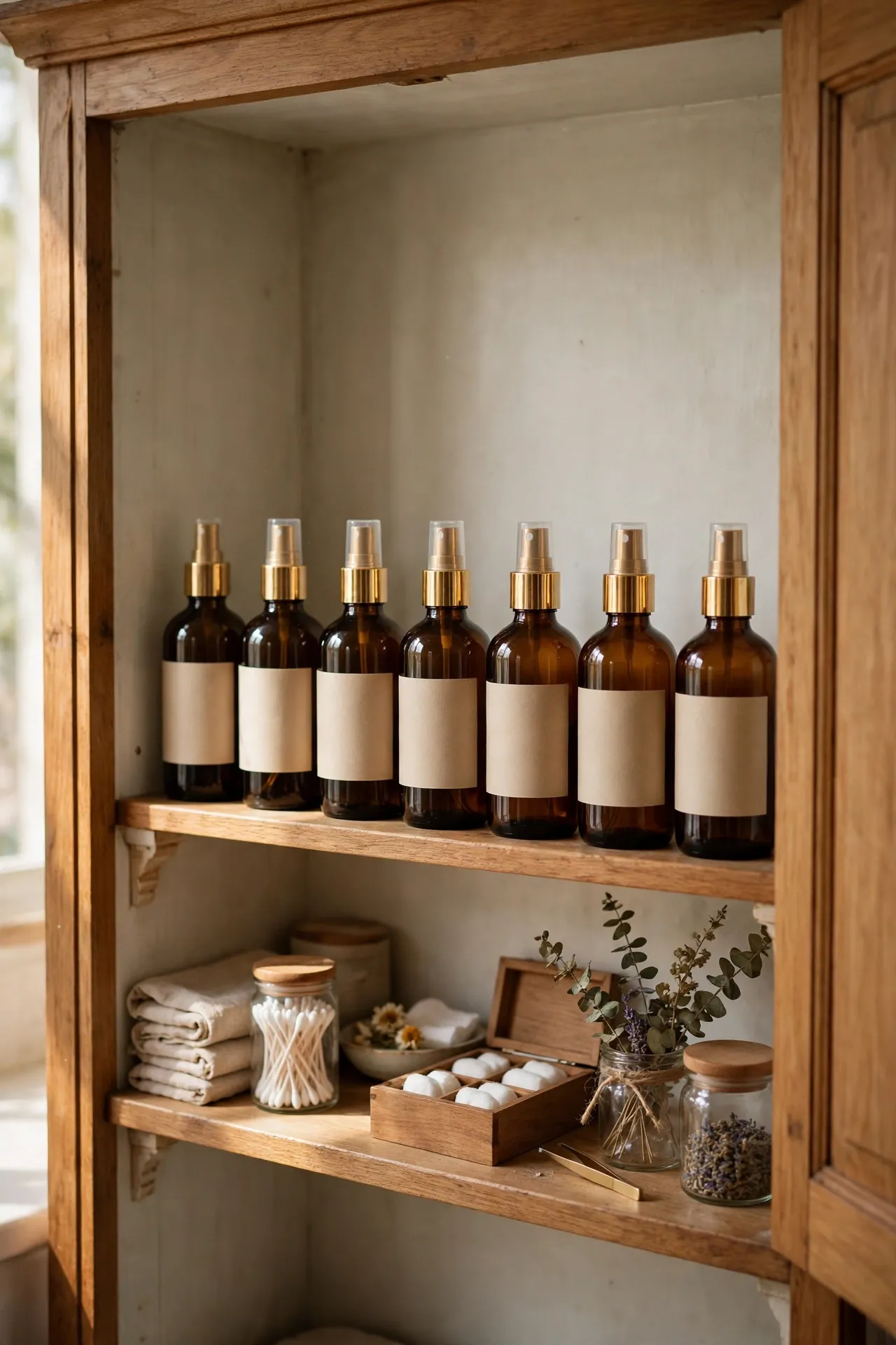 Matching amber spray bottles lined up in a bathroom cleaning cupboard