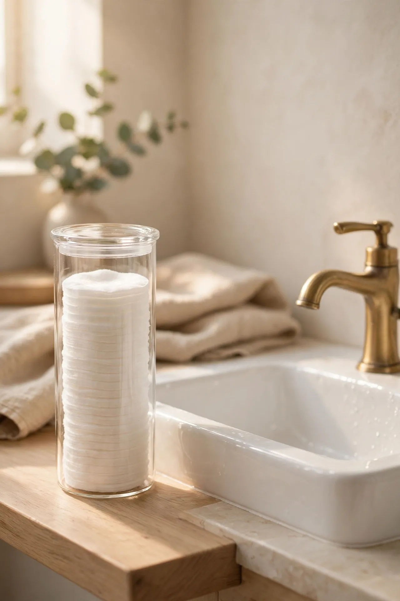 Slim glass container stacked with cotton pads beside a sink