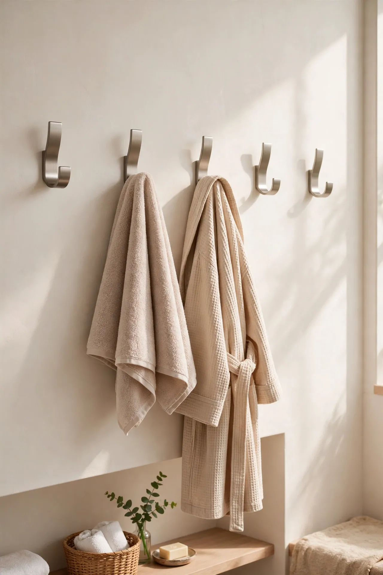 Row of adhesive wall hooks holding a towel and robe in a bathroom