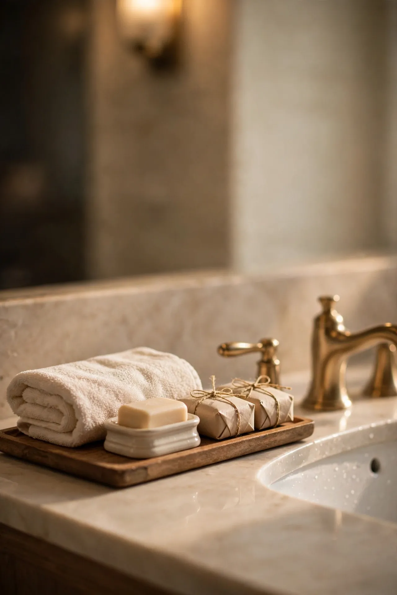 Guest bathroom tray with soap dish, folded towel and wrapped soaps