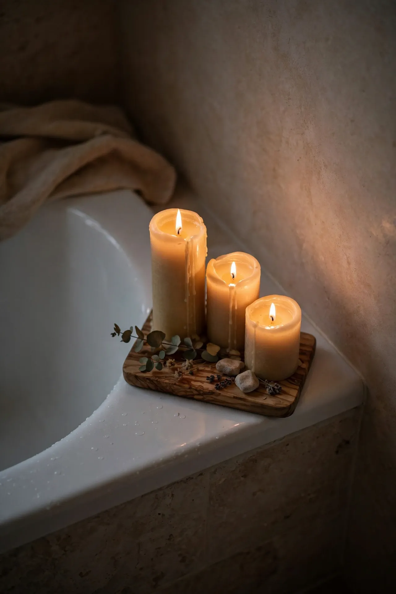 Cluster of three candles of different heights on a tray by the bath