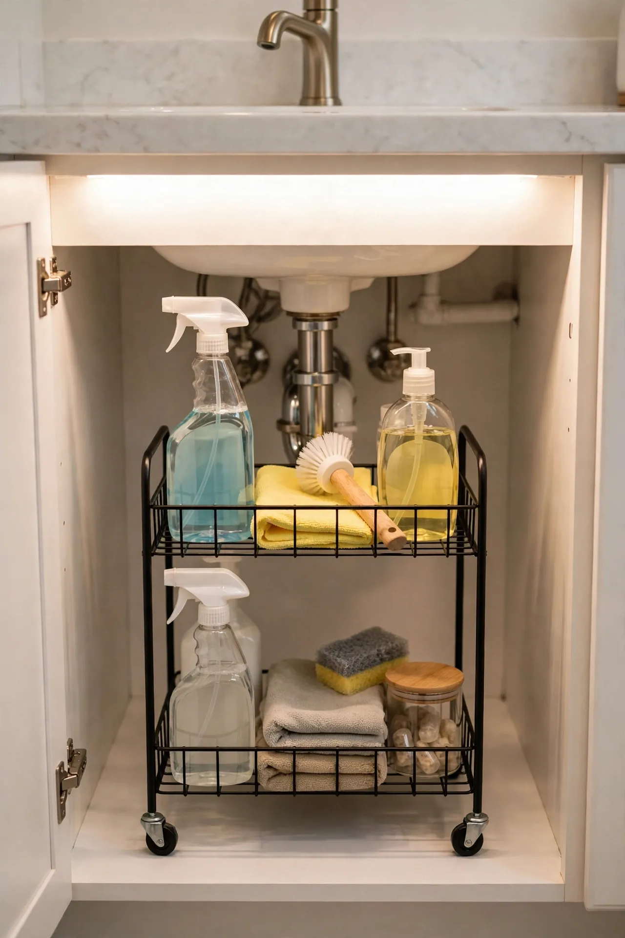 Two-tier rolling organiser cart under a bathroom sink with cleaners