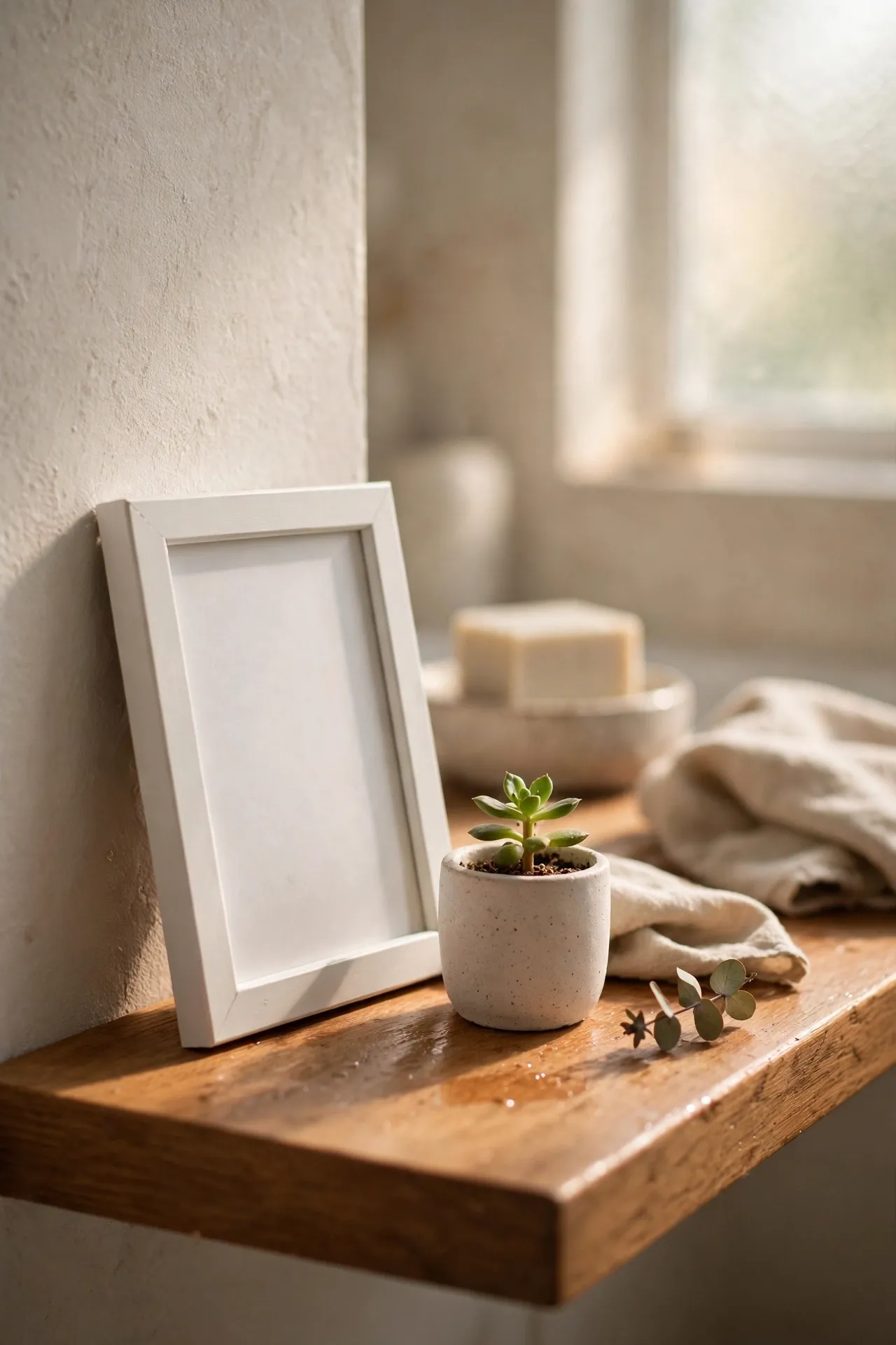 Small framed affirmation card standing on a bathroom shelf