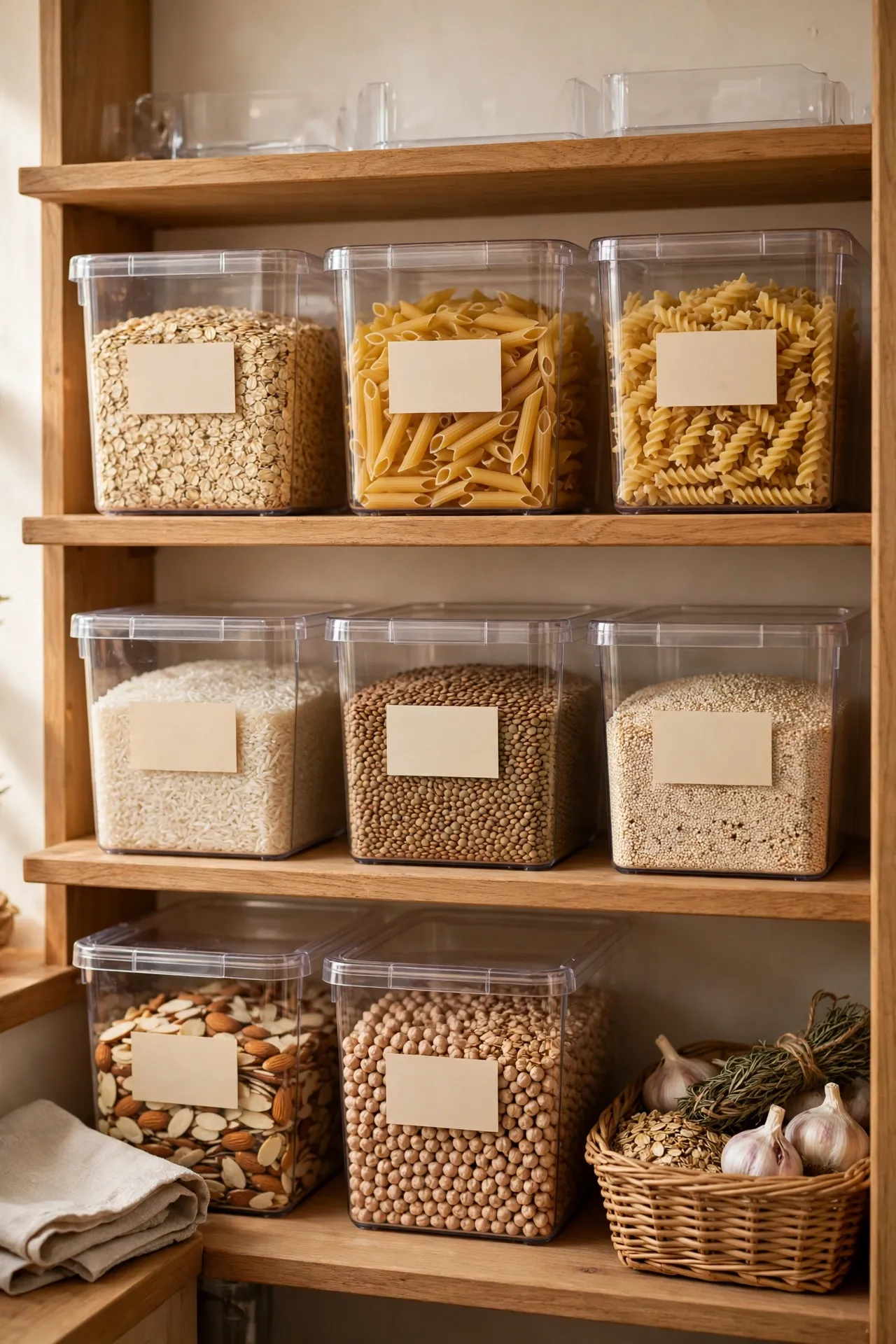 Clear labelled bins organising a kitchen pantry shelf