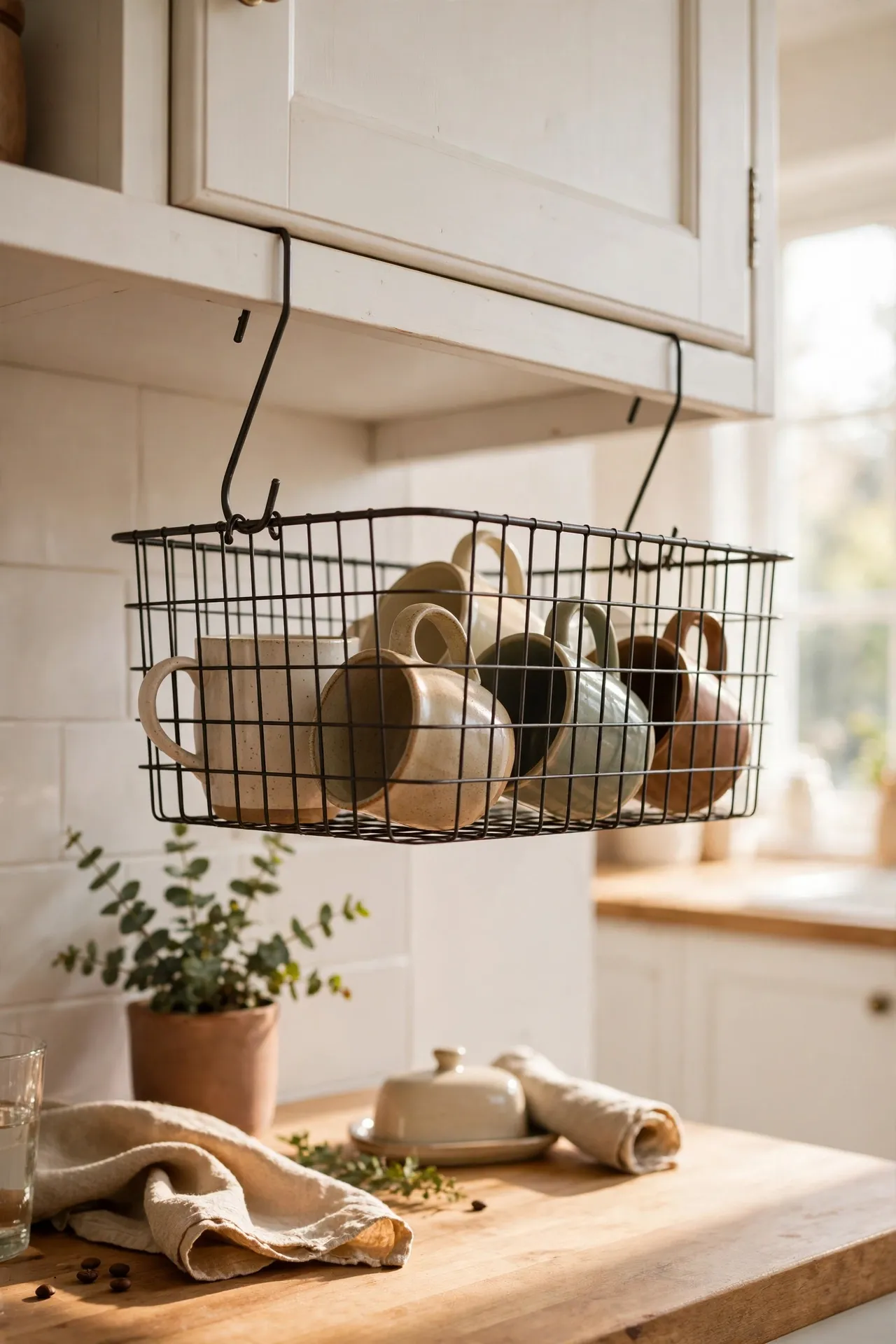 Wire basket hooked under a kitchen cabinet shelf holding mugs