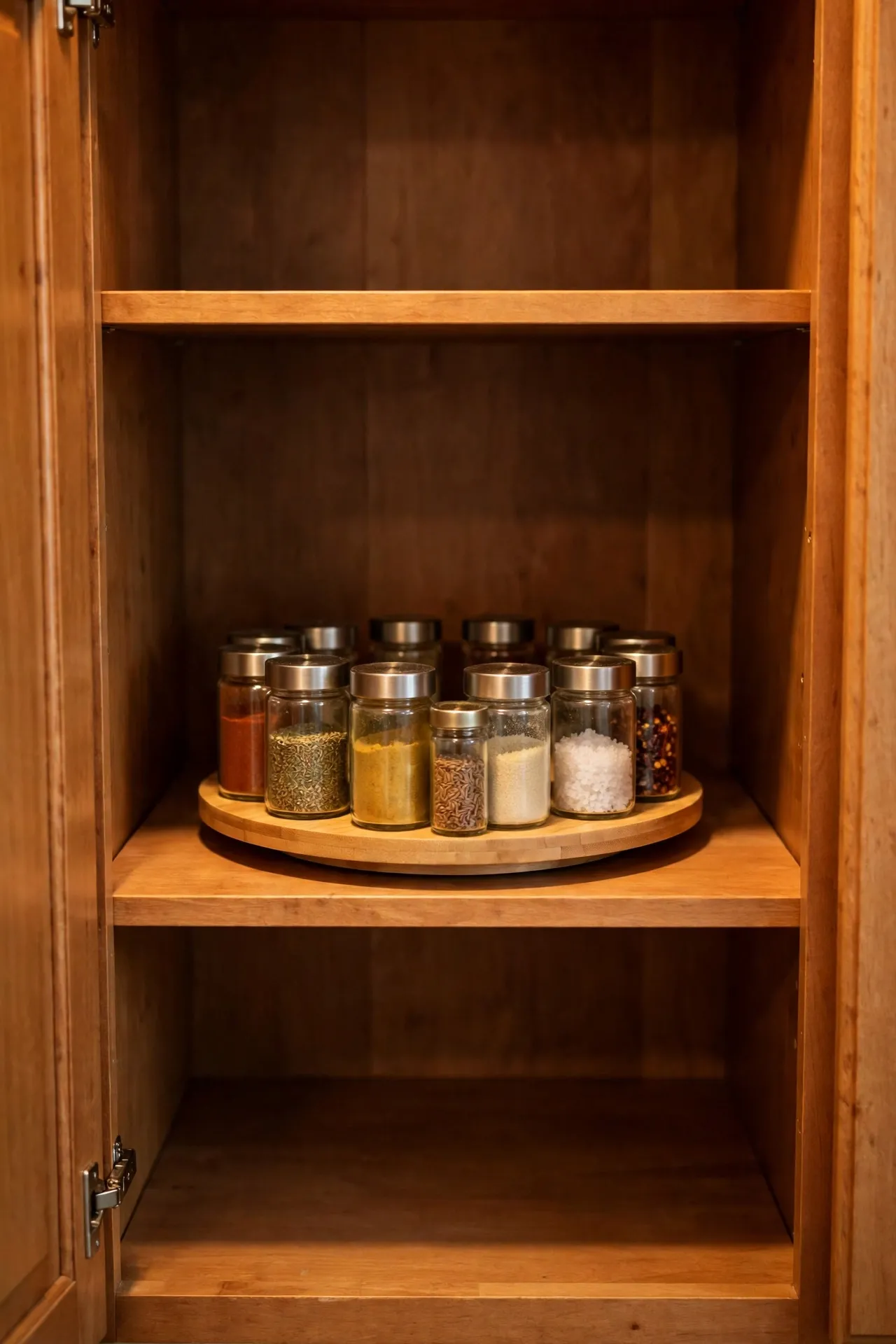 Lazy susan turntable with spice jars in a kitchen cupboard