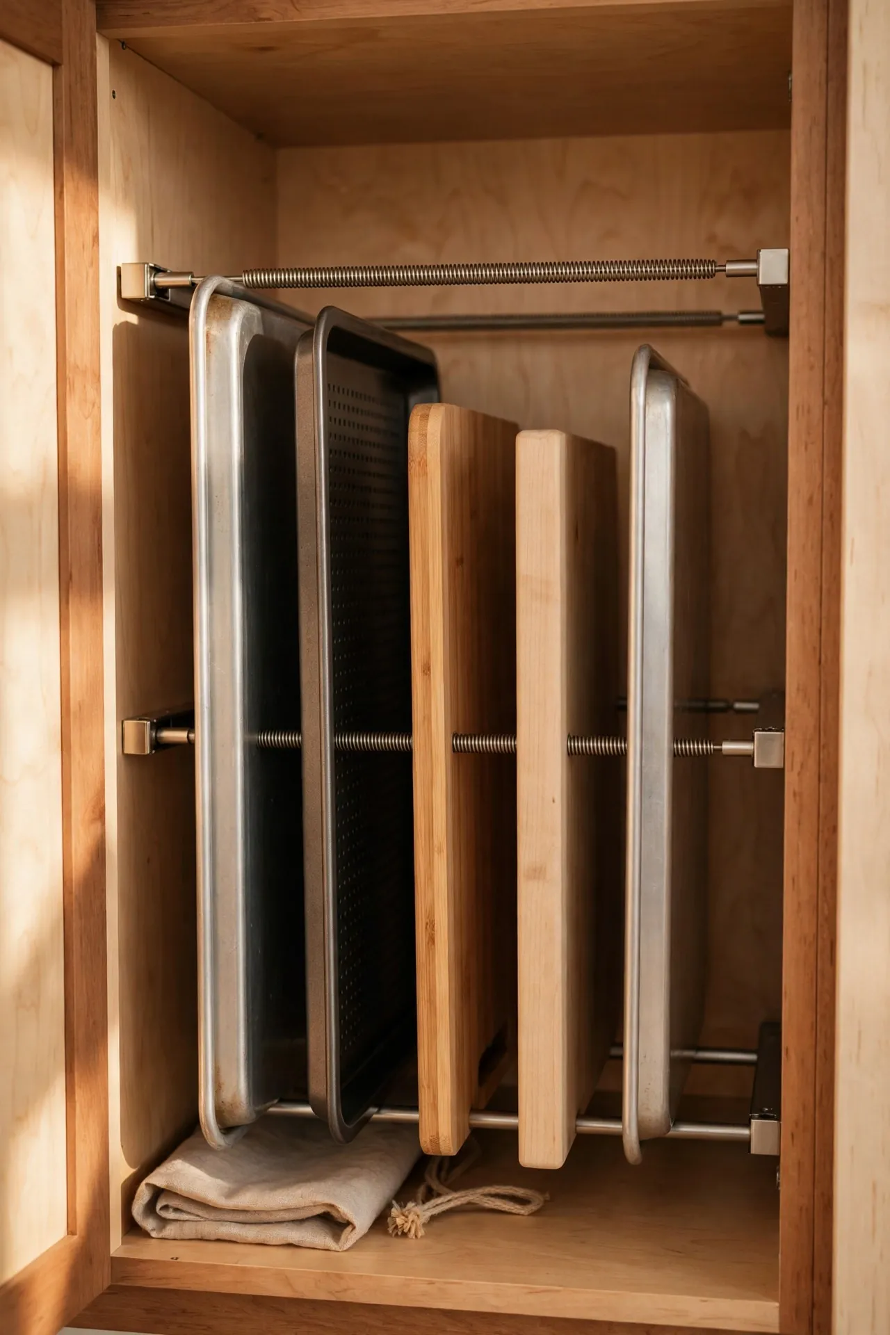 Tension rods standing upright as dividers for baking trays in a cabinet