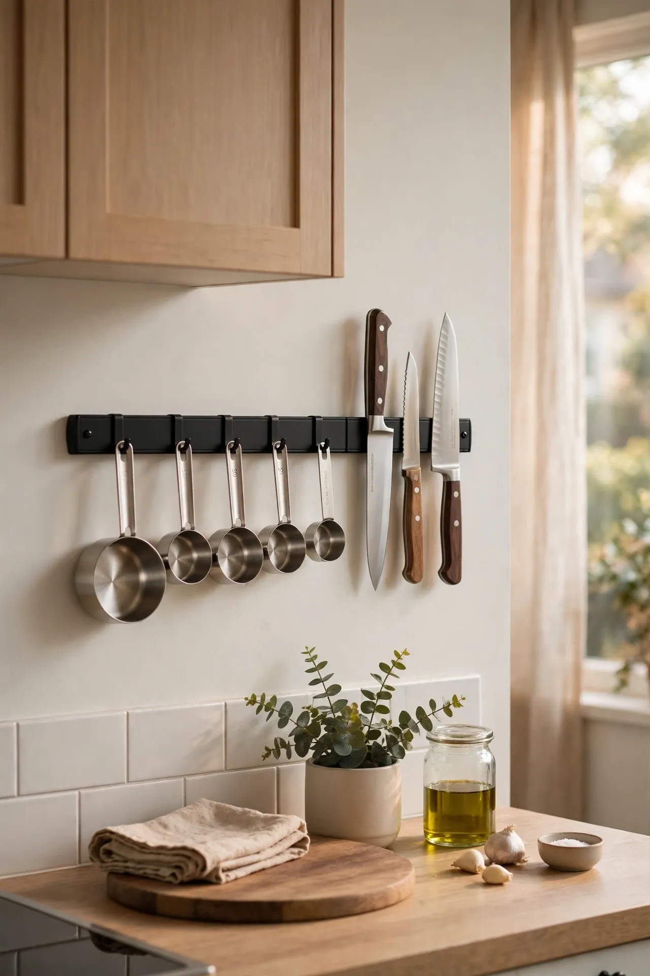 Magnetic strip on a kitchen wall holding knives and metal tools