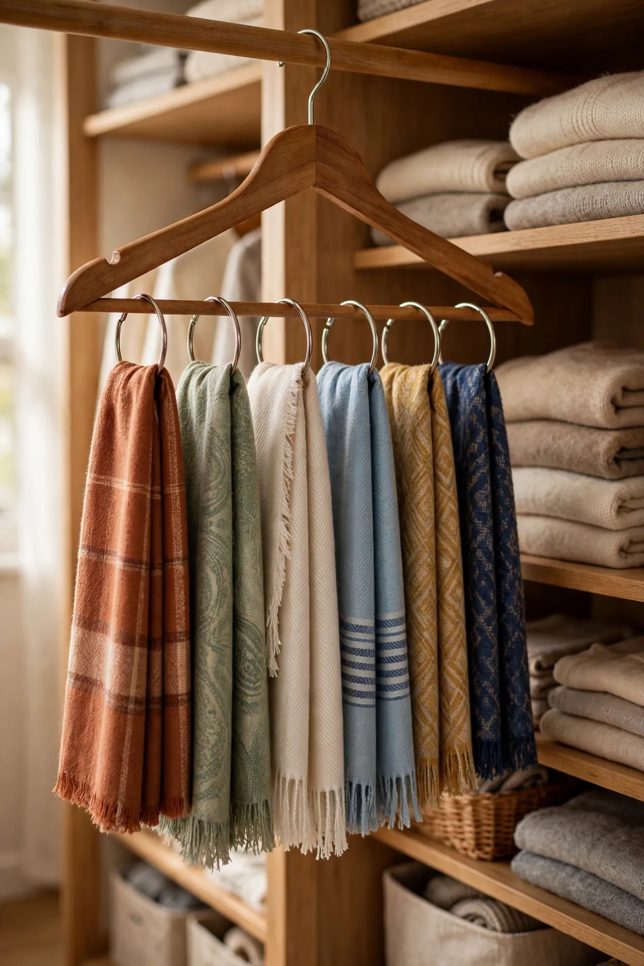 Shower curtain rings on a wooden hanger holding colourful scarves