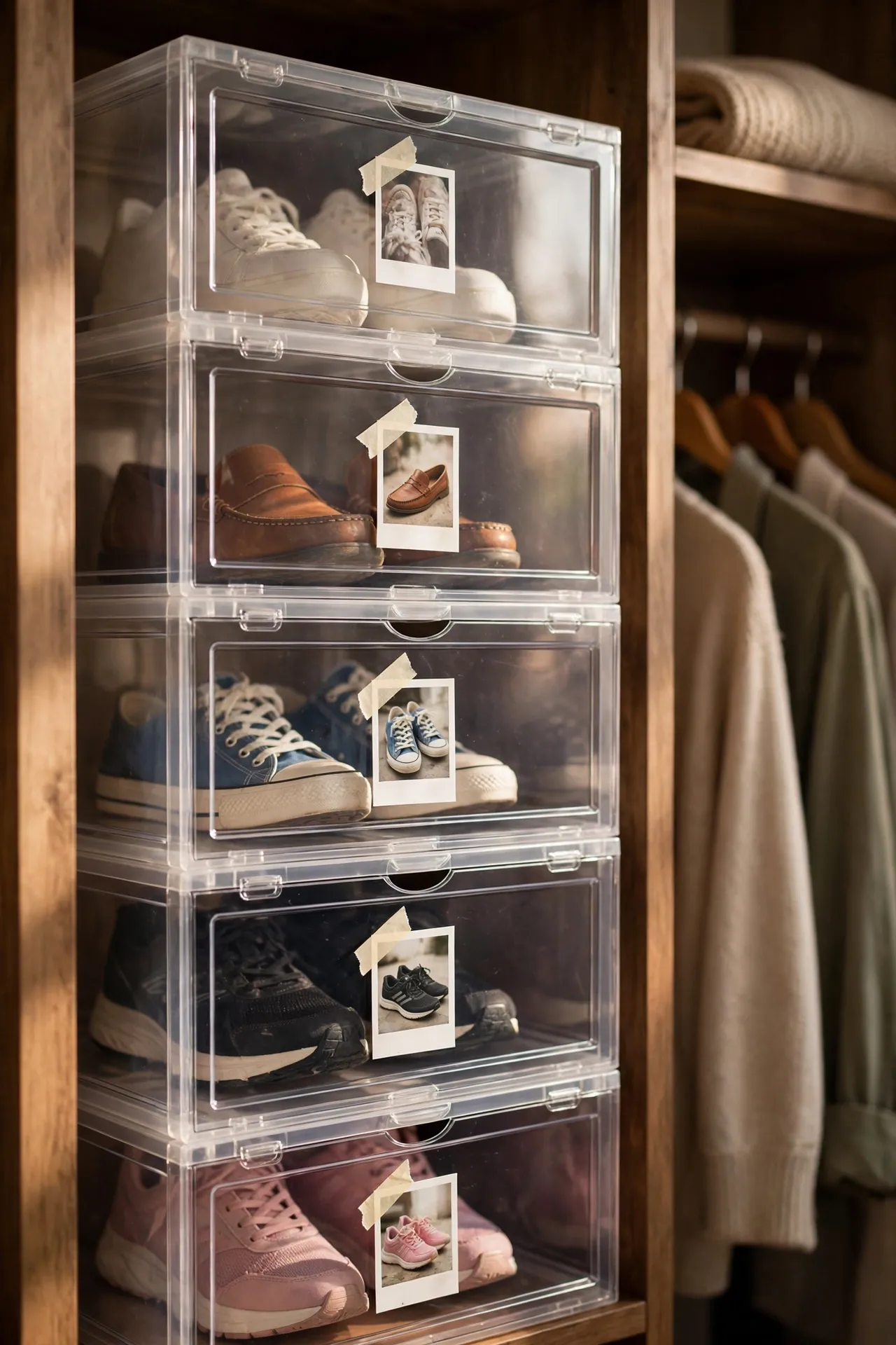 Stackable clear shoe boxes with photos on the front in a closet