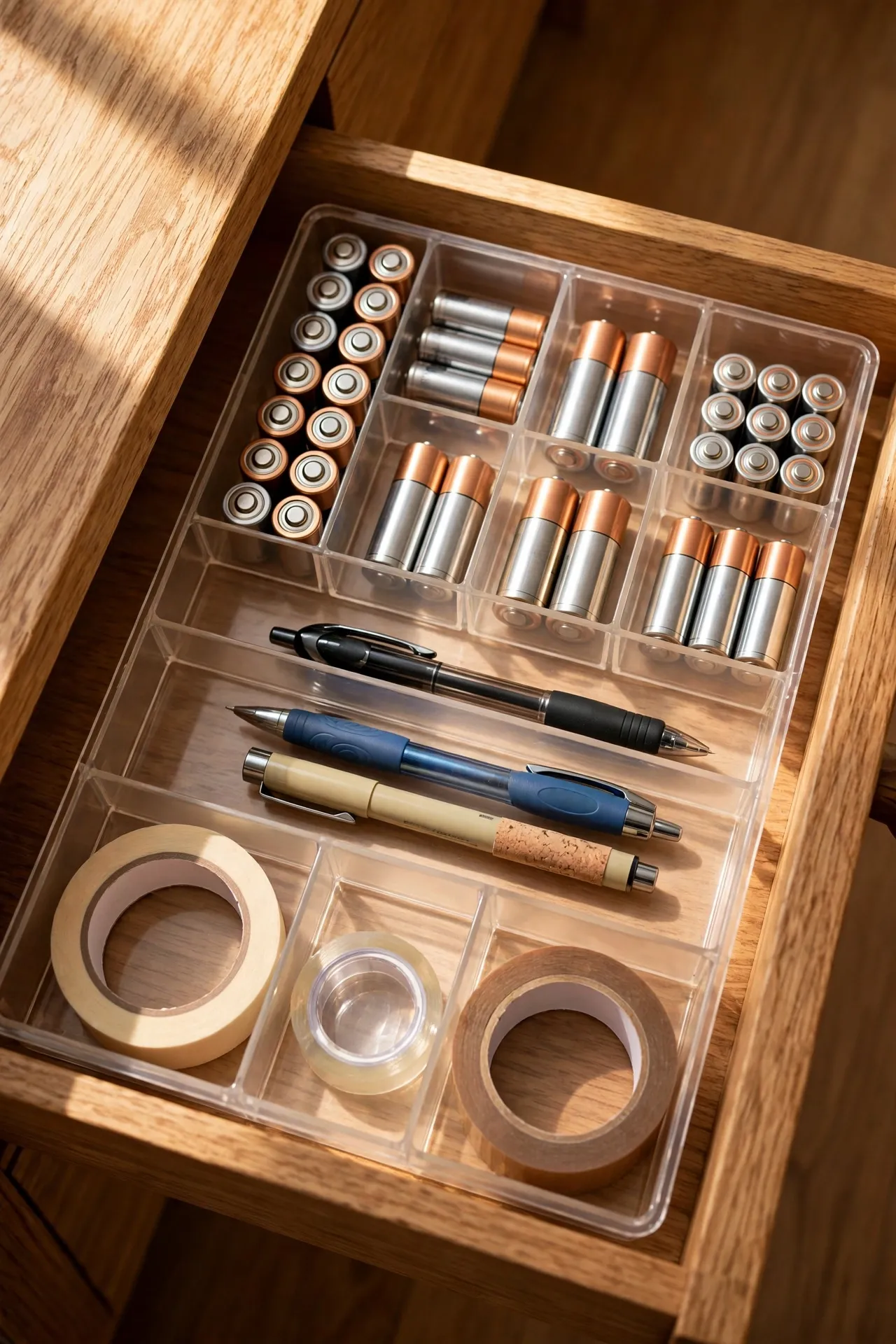 Drawer with plastic dividers sorting batteries pens and tape
