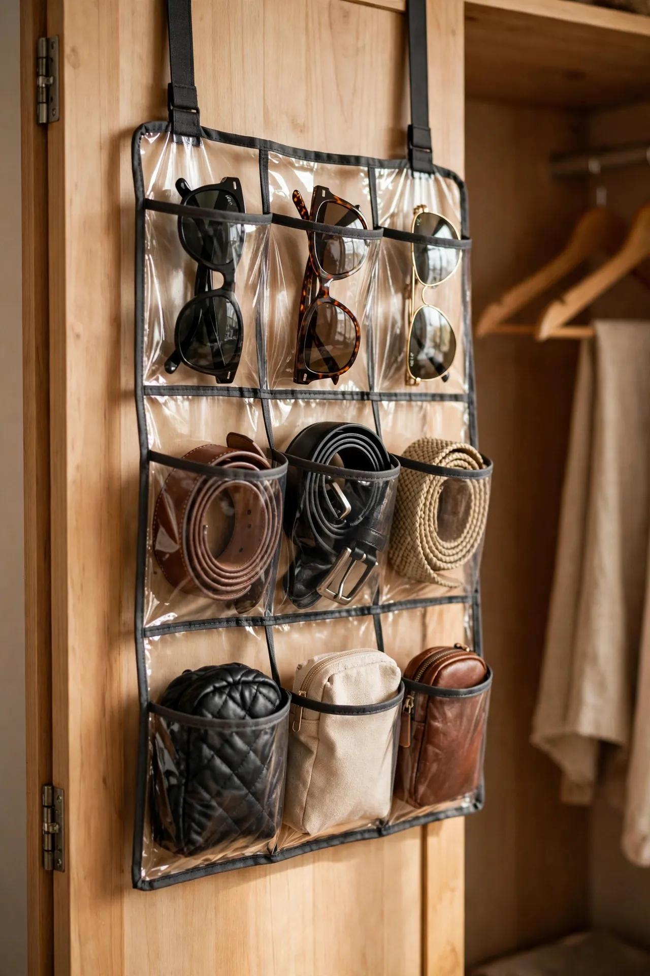 Over-door pocket organiser on a wardrobe door holding accessories