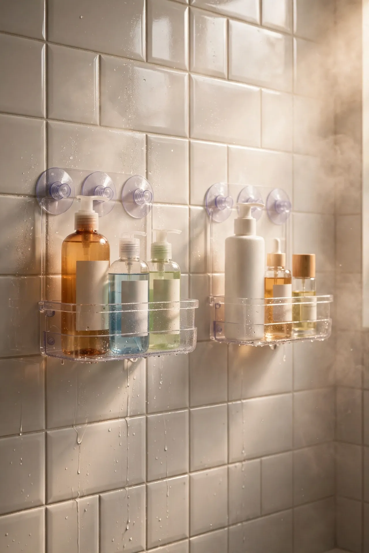 Suction cup shower caddies each holding one person's bottles