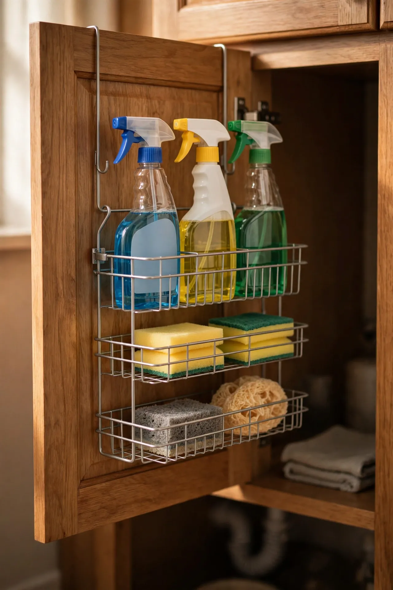 Wire rack on the inside of an under-sink cabinet door with spray bottles