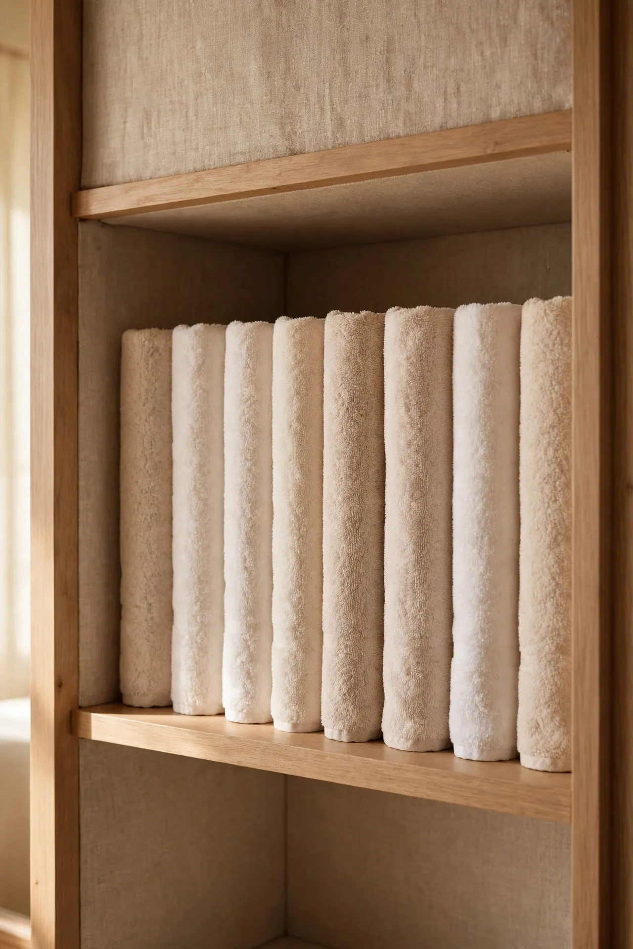 Linen shelf with towels rolled like files standing side by side