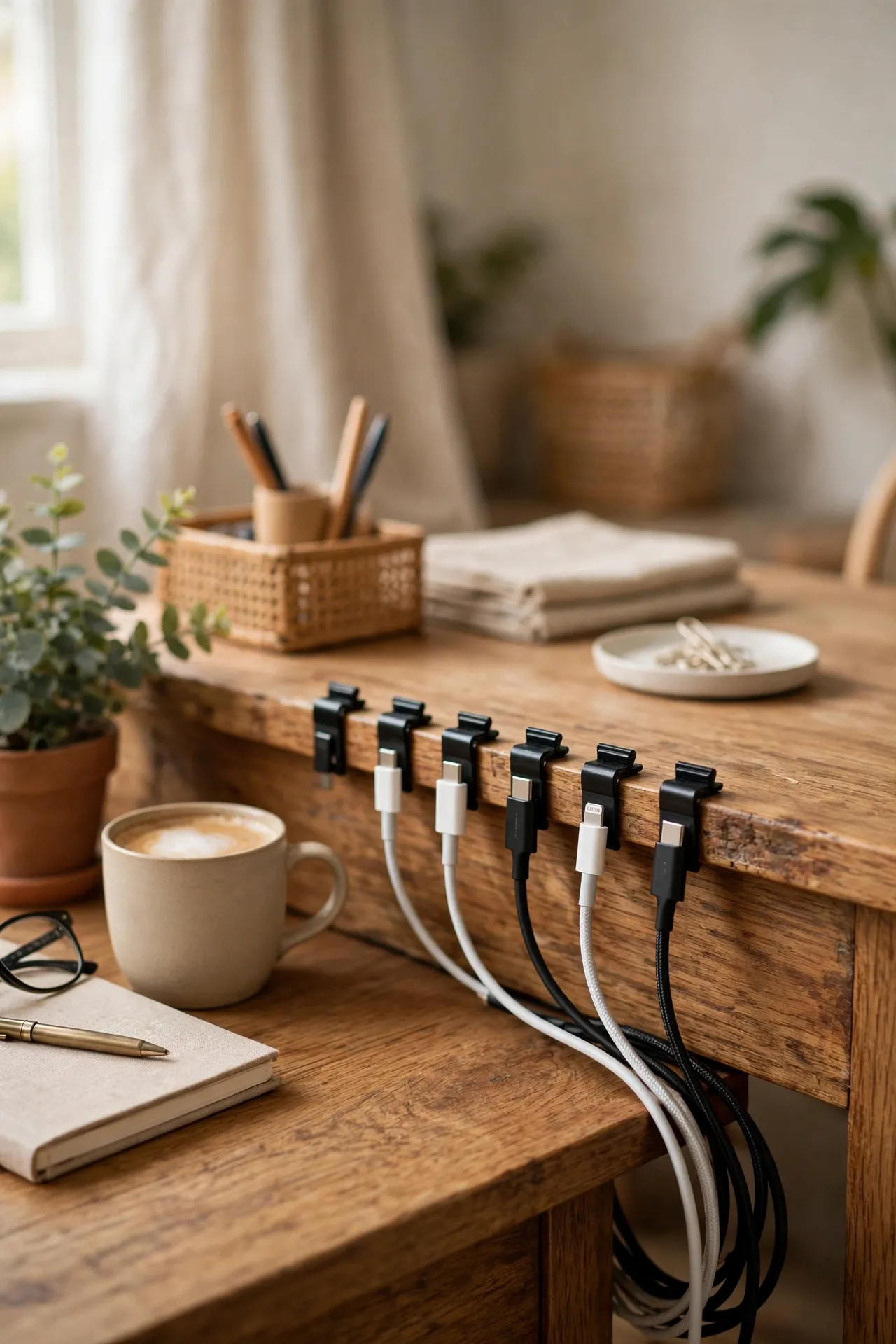 Adhesive cable clips along a desk edge holding phone chargers