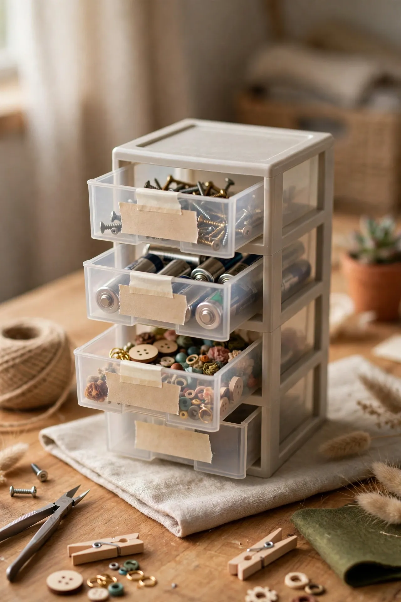 Small multi-drawer tower with labelled drawers for craft supplies