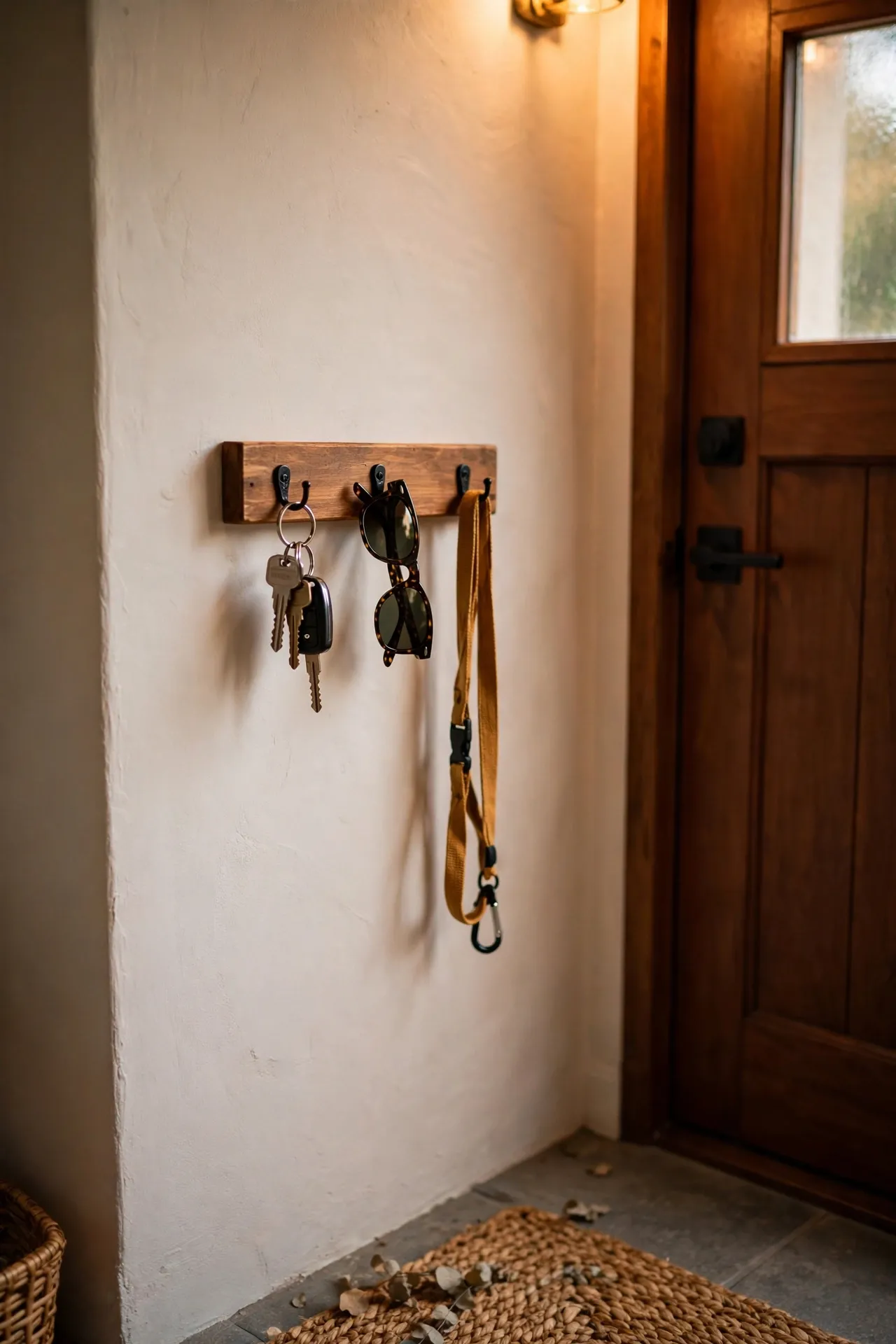Wall-mounted hook rack by a front door holding keys and sunglasses