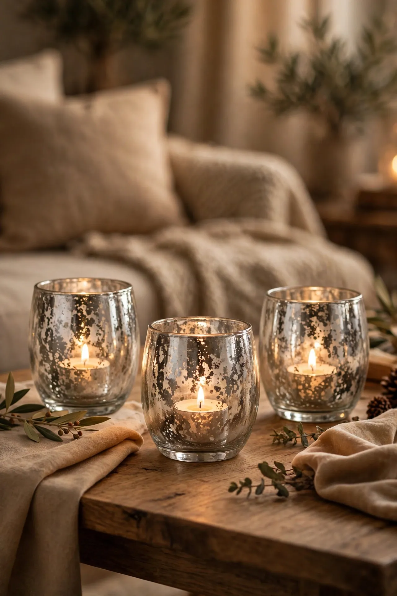 Glass candle holders with mercury glass effect made with spray paint