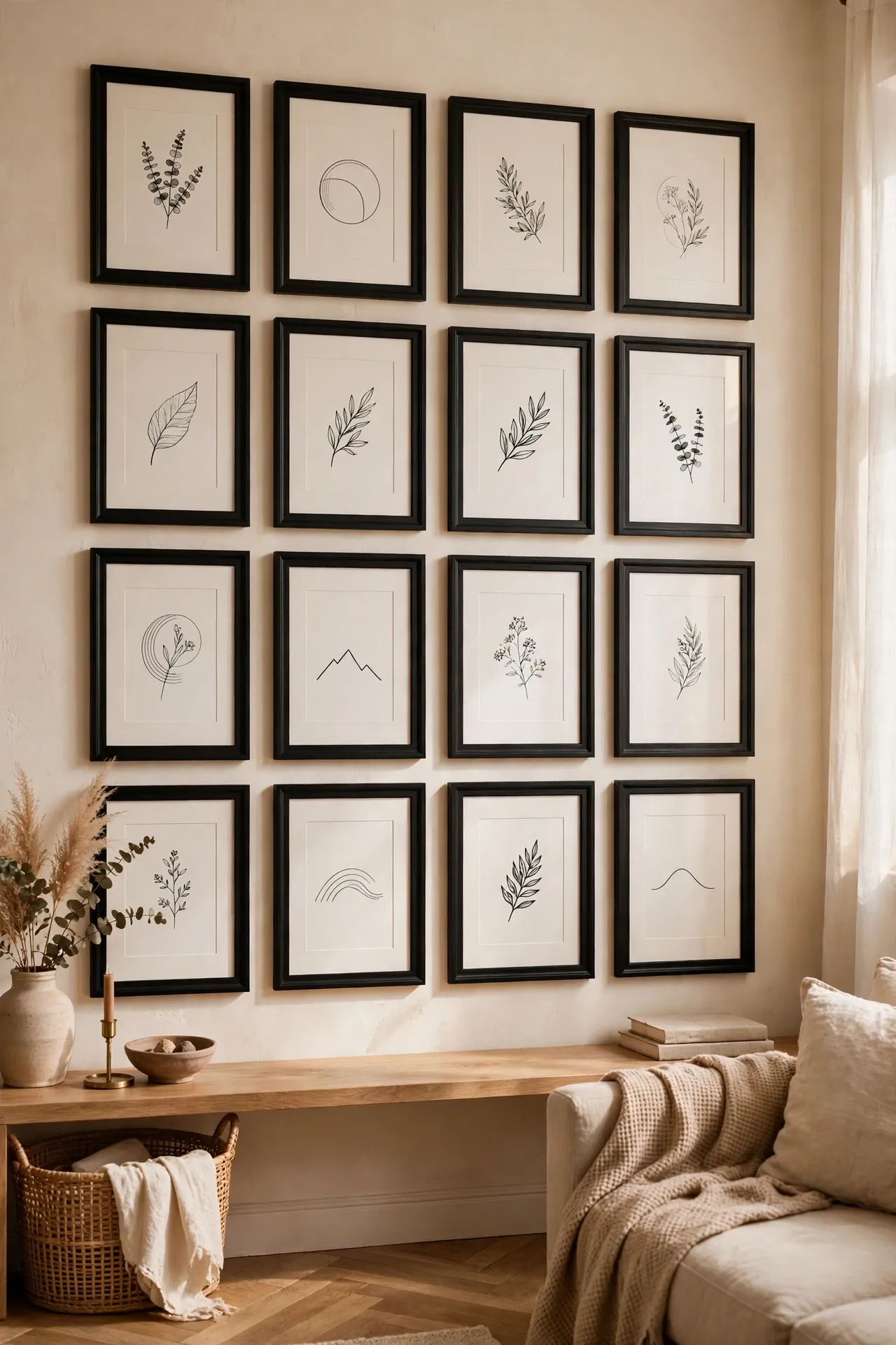 Tight grid gallery wall of matching black frames in a living room
