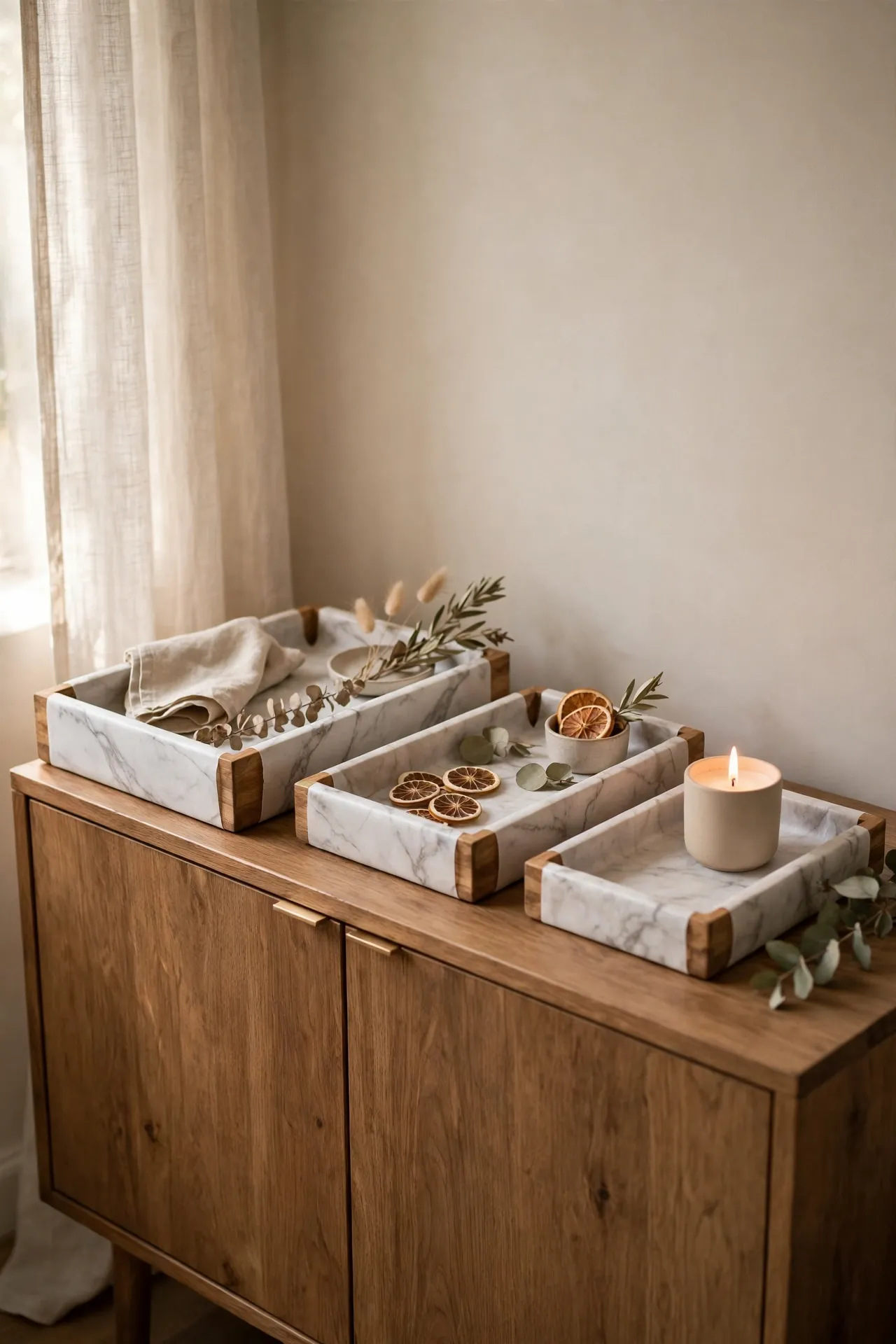 Wooden trays wrapped in marble contact paper on a sideboard