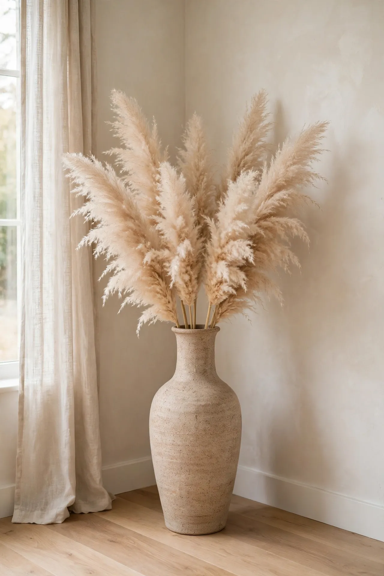 Tall vase with pampas grass filling an empty living room corner