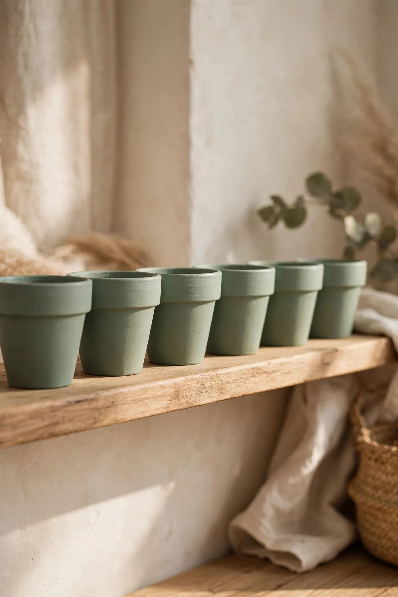 Row of small terracotta pots painted matte sage on a shelf