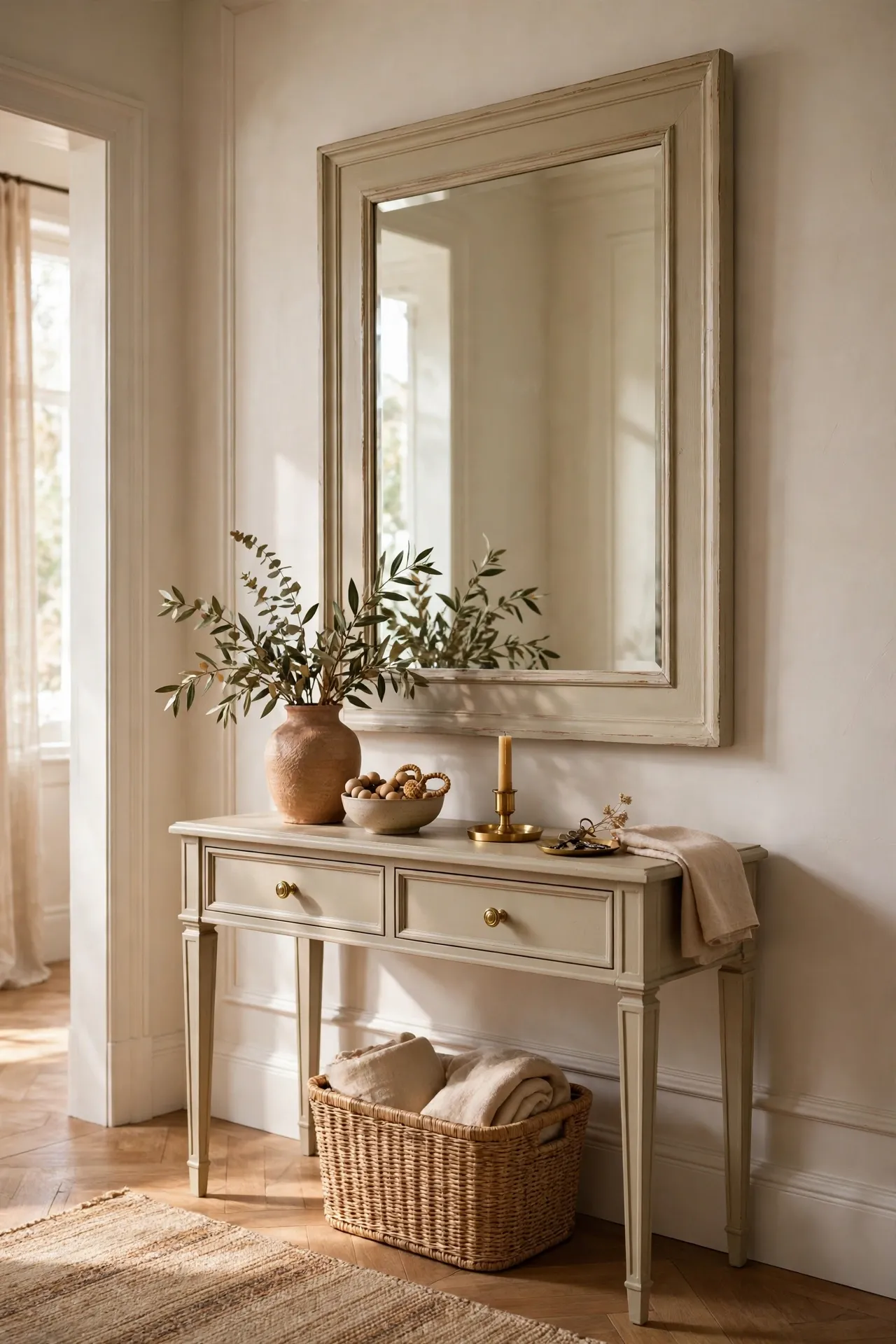Large mirror with a painted wooden frame above a console table